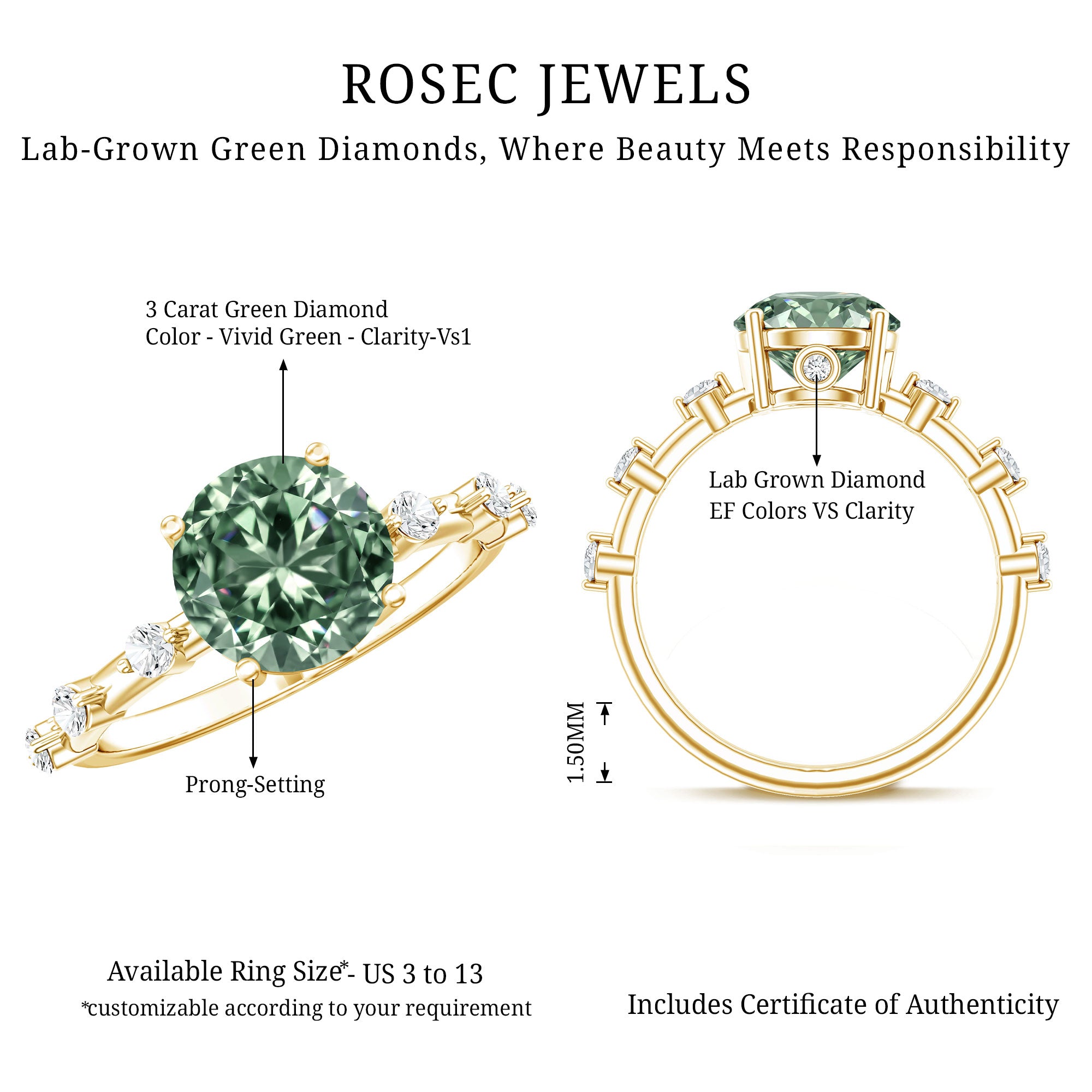 Rosec Jewels-Lab Grown 3 Carat Green Diamond Engagement Ring with IGI Certificate