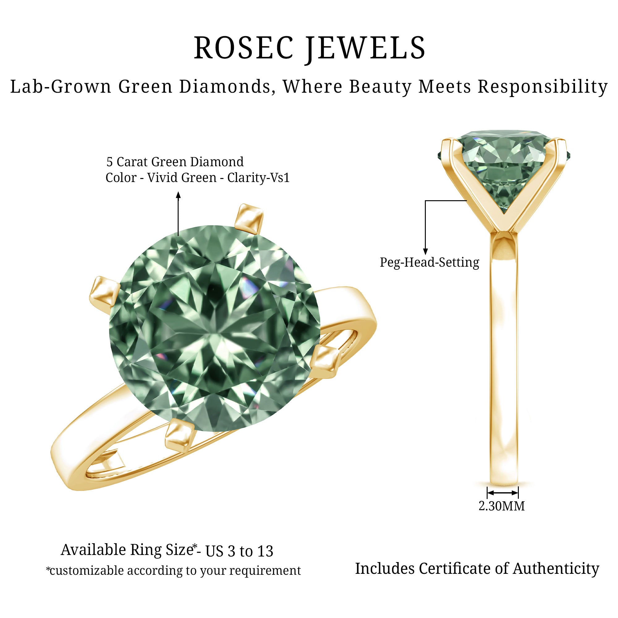 Rosec Jewels-Huge 5 Carat Lab Grown Green Diamond Solitaire Engagement Ring with IGI Certificate