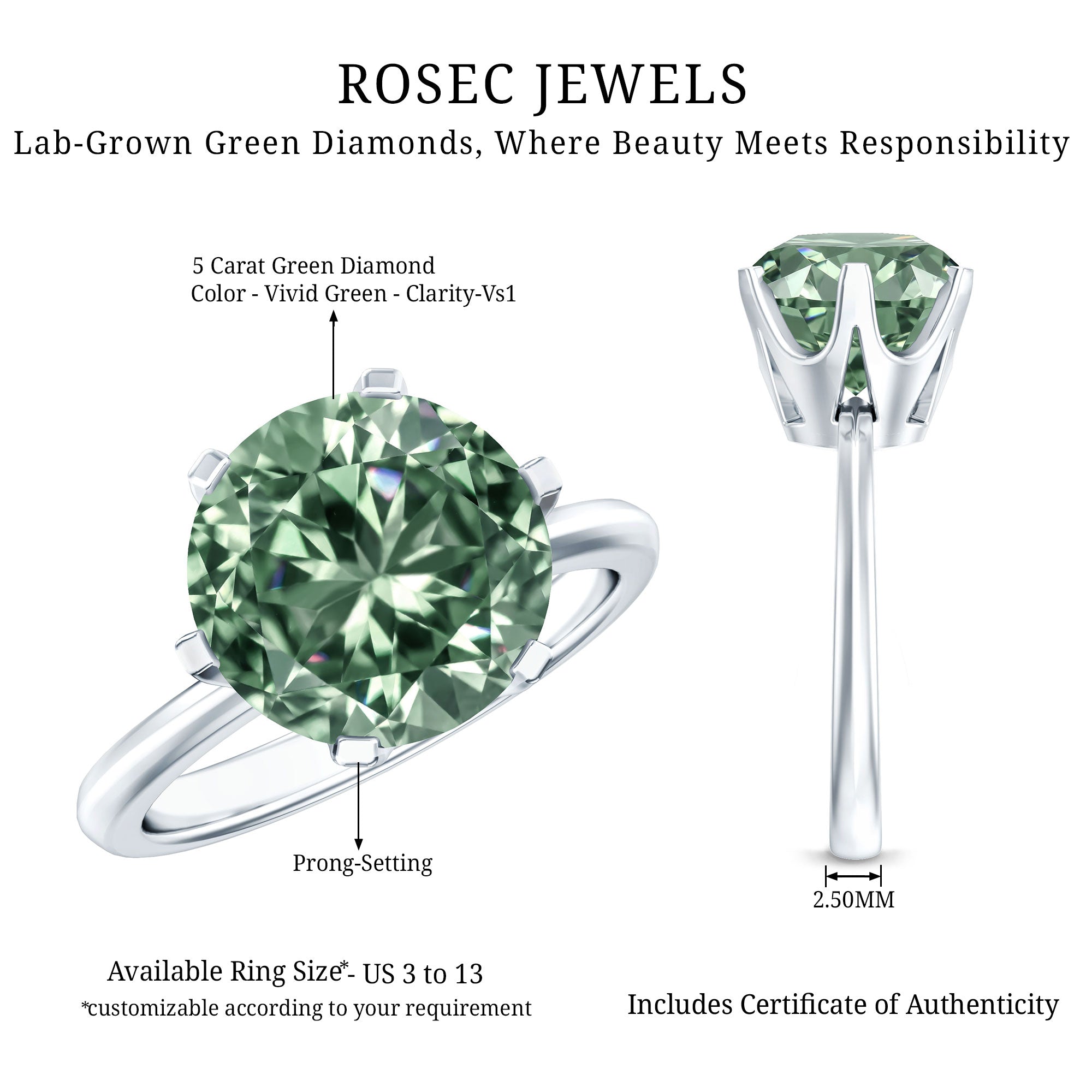 Rosec Jewels-Large 5 Carat Lab Grown Green Diamond Engagement Ring with IGI Certificate