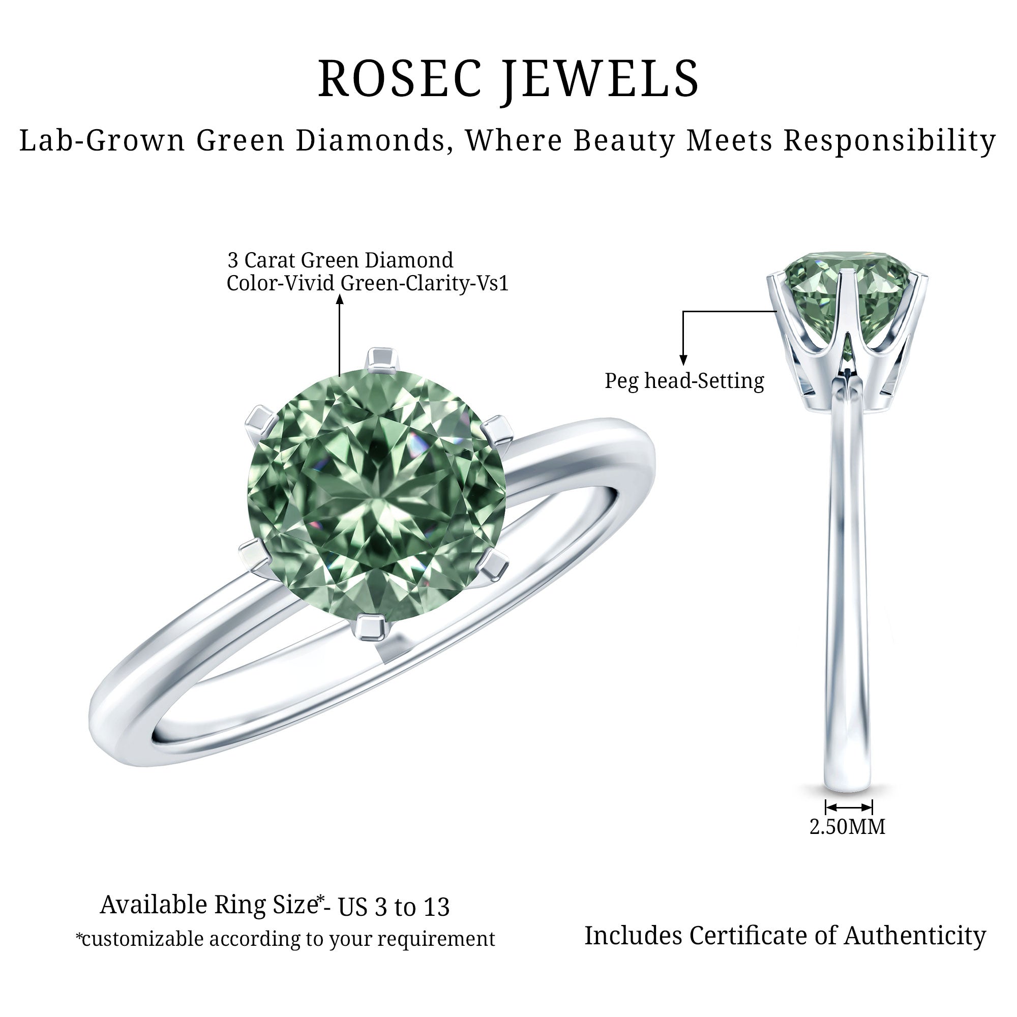Rosec Jewels-Round Shaped 3 Carat Lab Grown Green Diamond Solitaire Ring with IGI Certificate