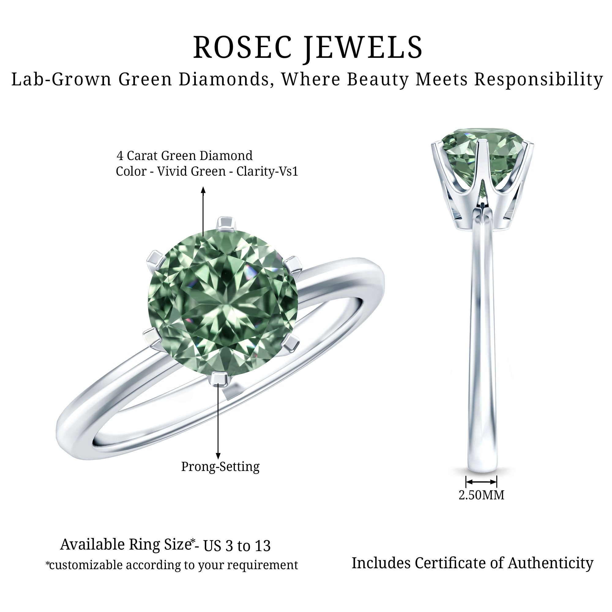 Rosec Jewels-2 Carat Lab Grown Vivid Green Diamond Solitaire Engagement Ring with IGI Certificate