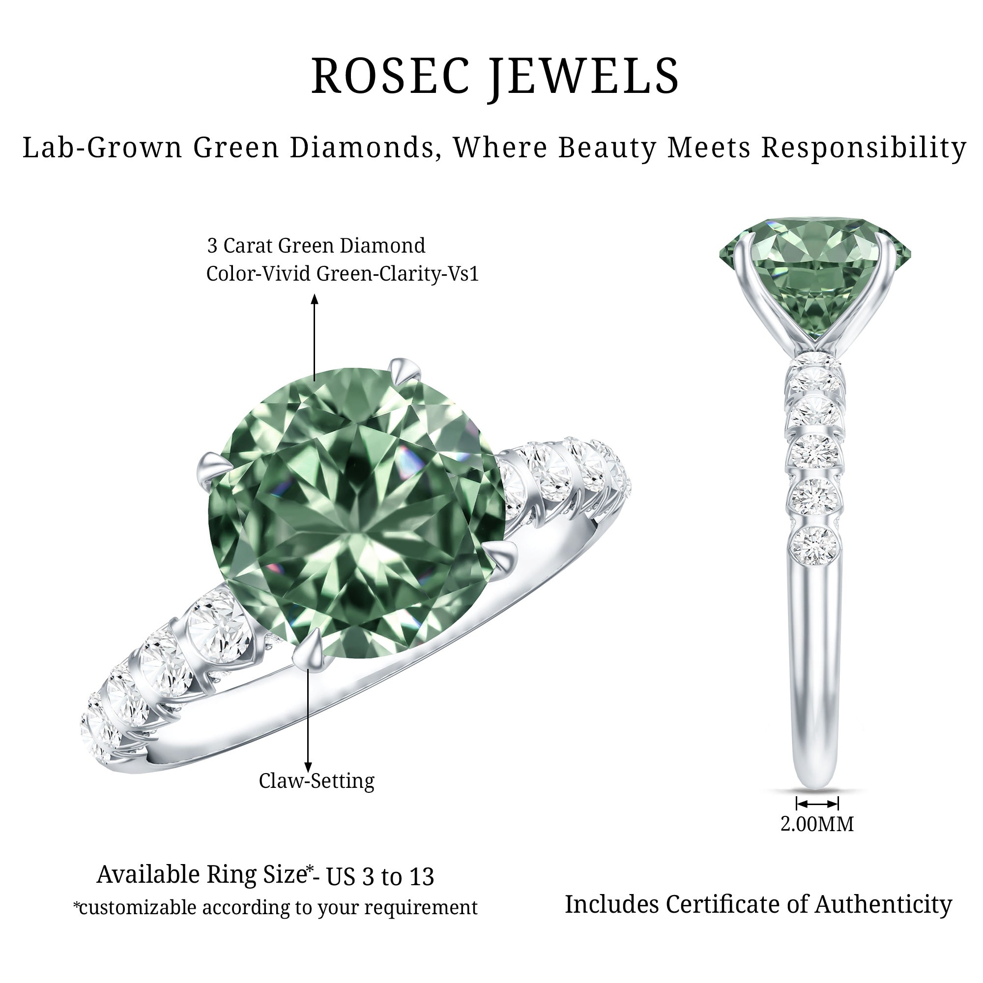 IGI Certified 3 Carat Round Lab Grown Green Diamond Solitaire Engagement Ring with Side Stones Vivid Green - VS1 - Rosec Jewels
