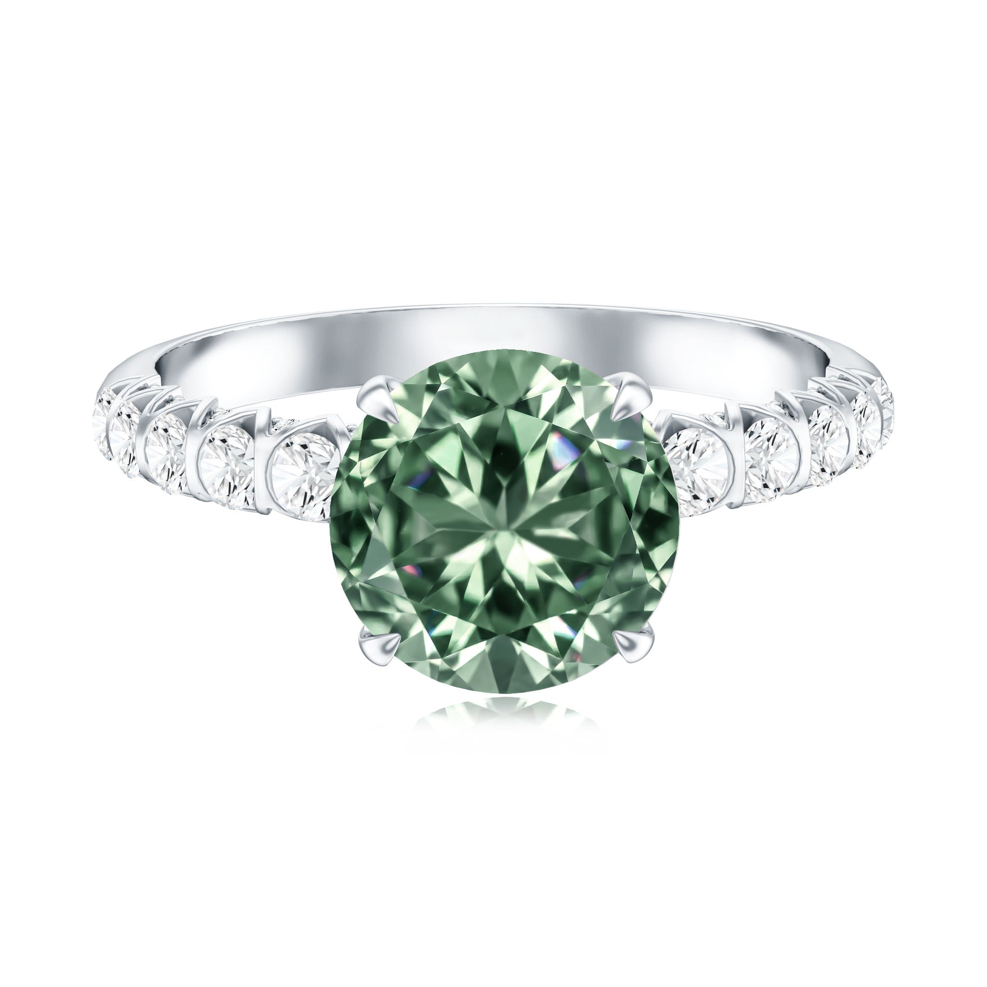 IGI Certified 3 Carat Round Lab Grown Green Diamond Solitaire Engagement Ring with Side Stones Vivid Green - VS1 - Rosec Jewels