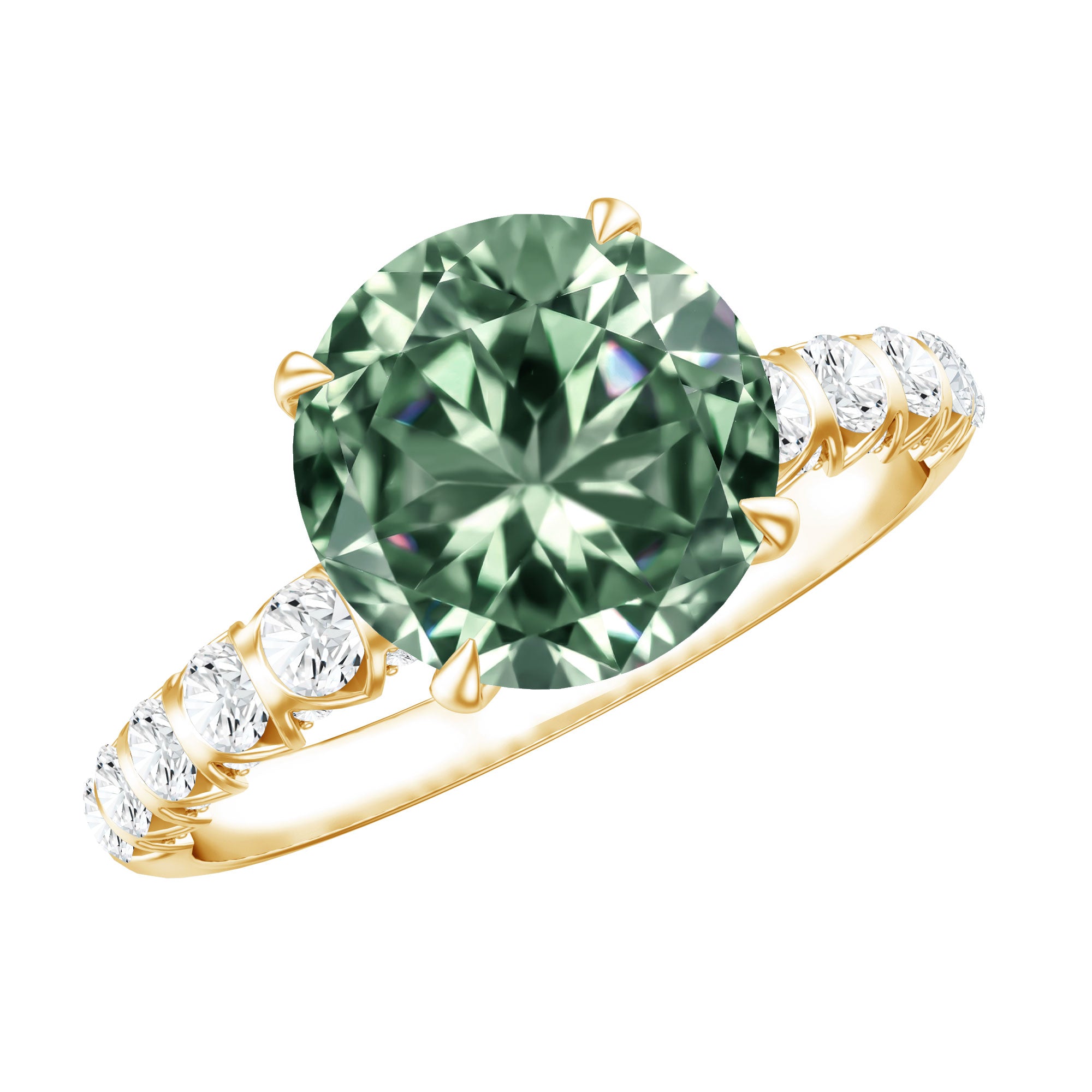 IGI Certified 3 Carat Round Lab Grown Green Diamond Solitaire Engagement Ring with Side Stones Vivid Green - VS1 - Rosec Jewels