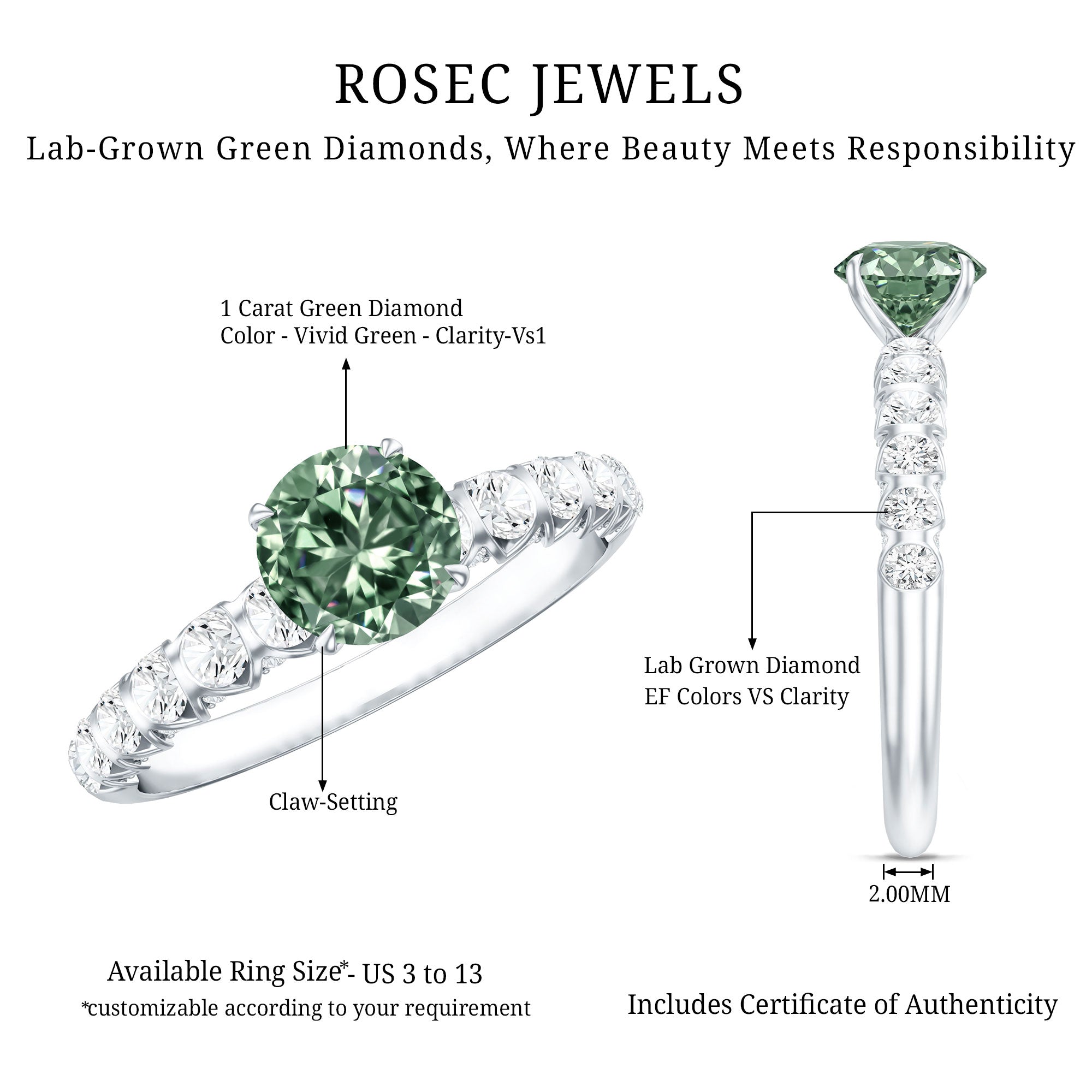 1 Carat Round Cut Lab Grown Green and White Diamond Engagement Ring IGI Certified Vivid Green - VS1 - Rosec Jewels