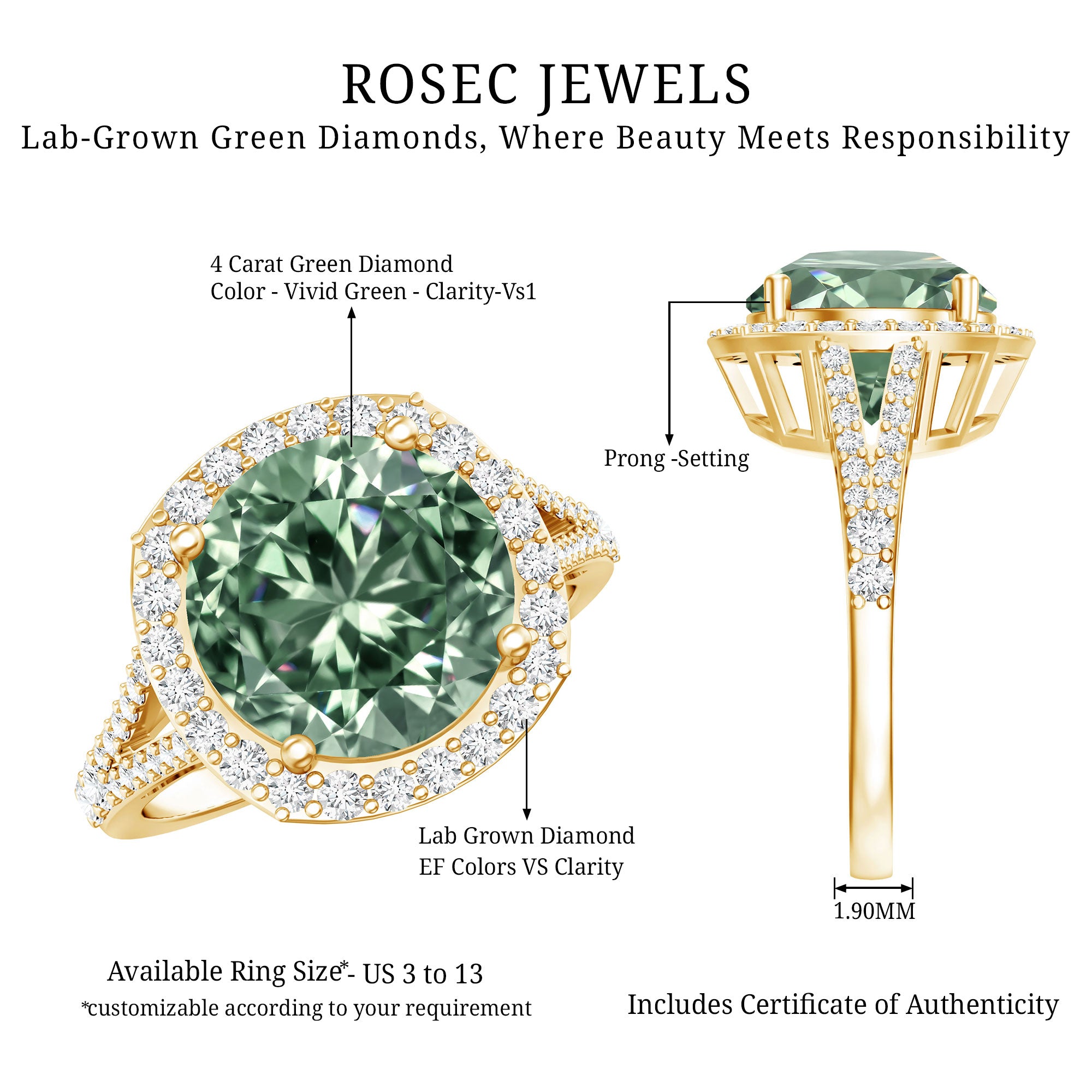 IGI Certified 4 Carat Lab Grown Green Diamond Statement Engagement Ring with Split Shank Vivid Green - VS1 - Rosec Jewels