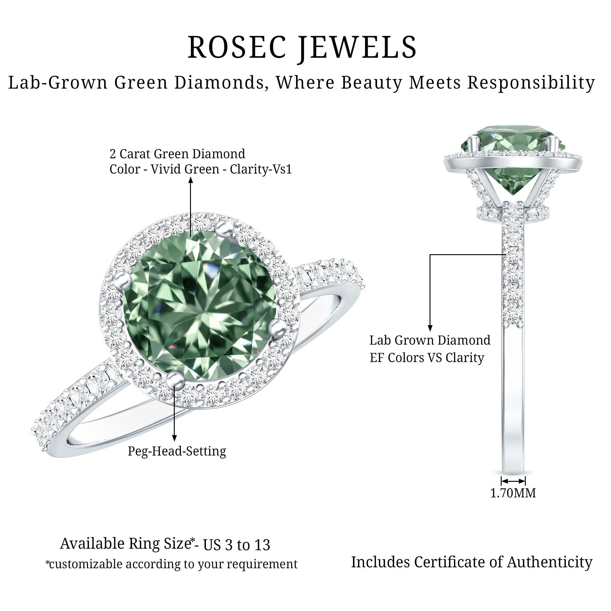 2 Carat IGI Certified Lab Grown Green Diamond Halo Engagement Ring for Women Vivid Green - VS1 - Rosec Jewels