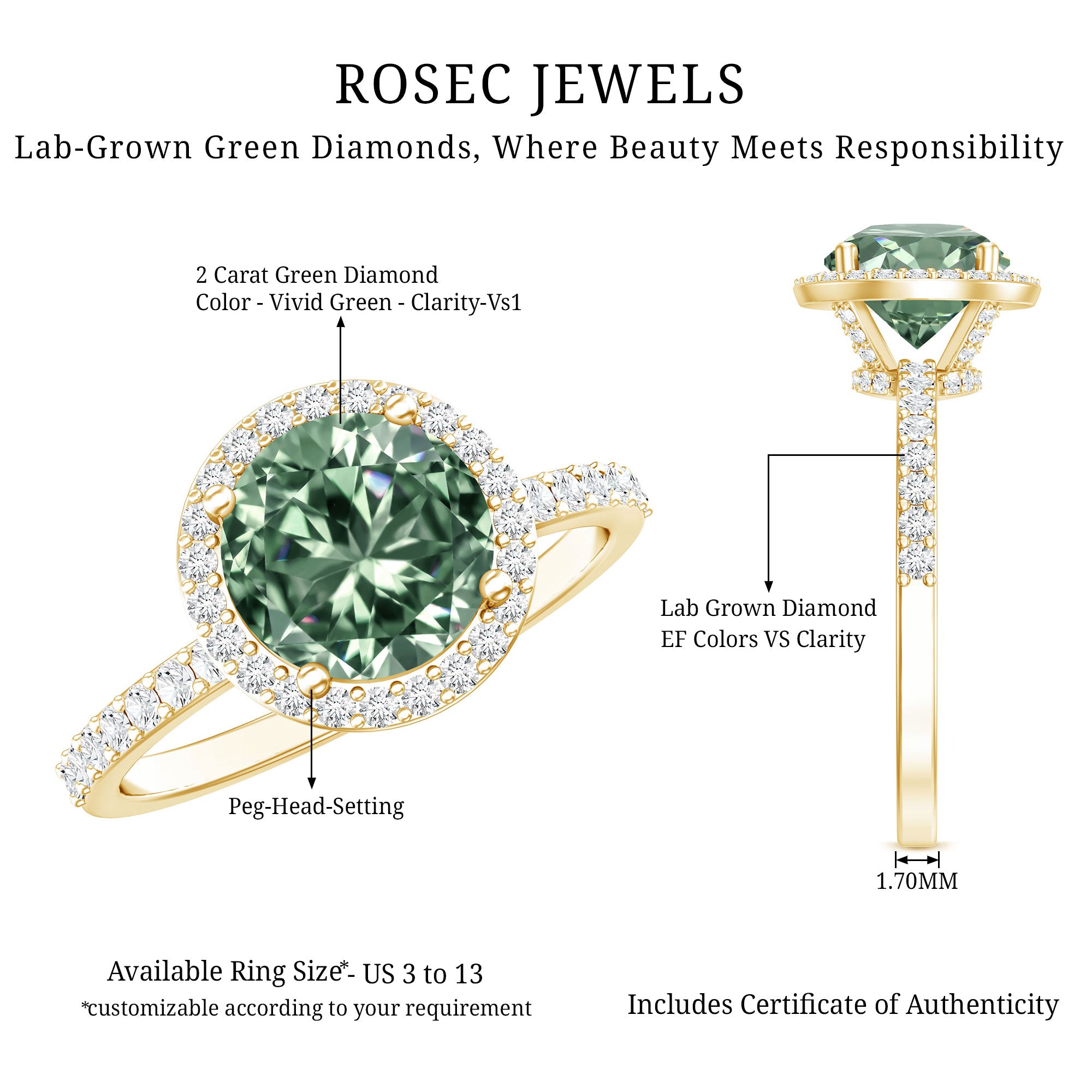 2 Carat IGI Certified Lab Grown Green Diamond Halo Engagement Ring for Women Vivid Green - VS1 - Rosec Jewels