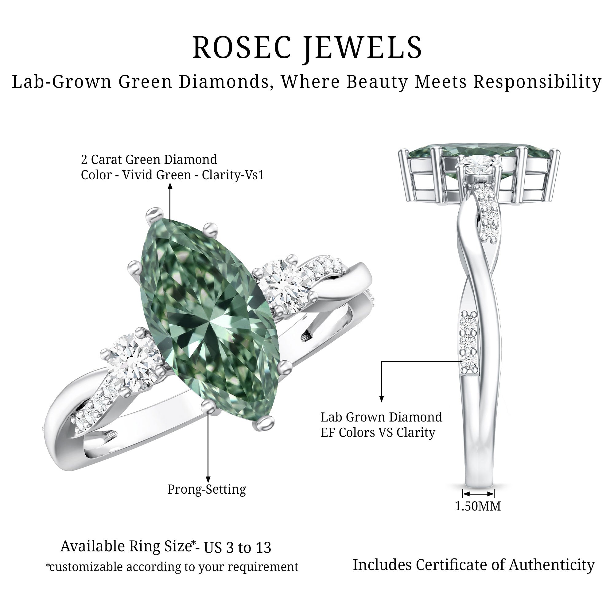 Rosec Jewels-2 Carat Marquise Cut Lab Green Diamond Crossover Engagement Ring with IGI Certificate