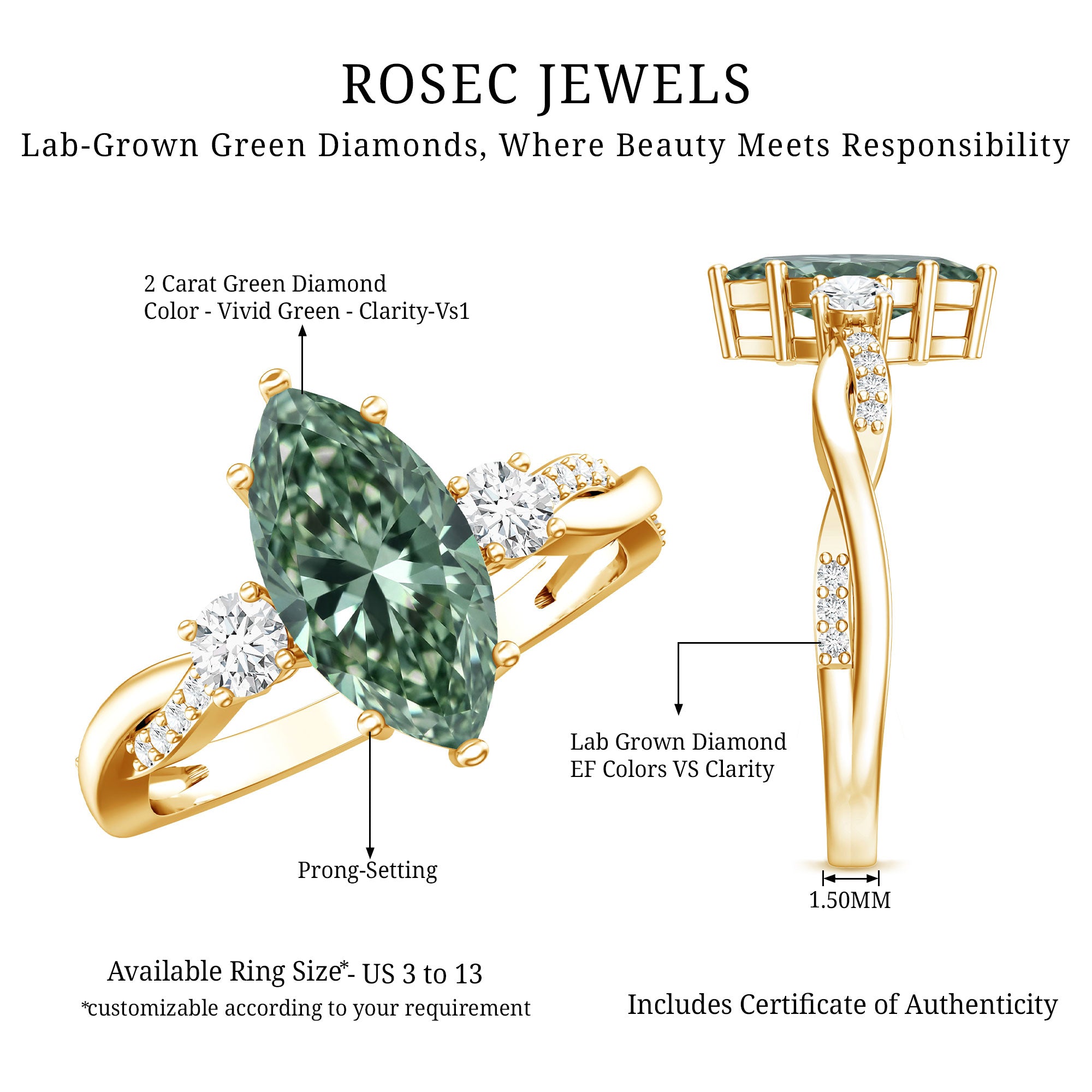 Rosec Jewels-2 Carat Marquise Cut Lab Green Diamond Crossover Engagement Ring with IGI Certificate