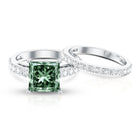 Princess Cut 3 Carat Lab Grown Green Diamond Engagement Ring with Wedding Band IGI Certified Vivid Green - VS1 - Rosec Jewels