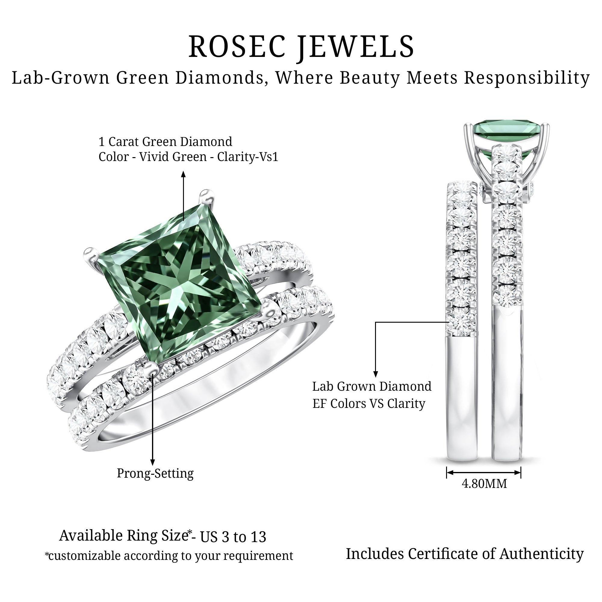 IGI Certified 1 Carat Princess Cut Lab Grown Green Diamond Bridal Ring Set Vivid Green - VS1 - Rosec Jewels