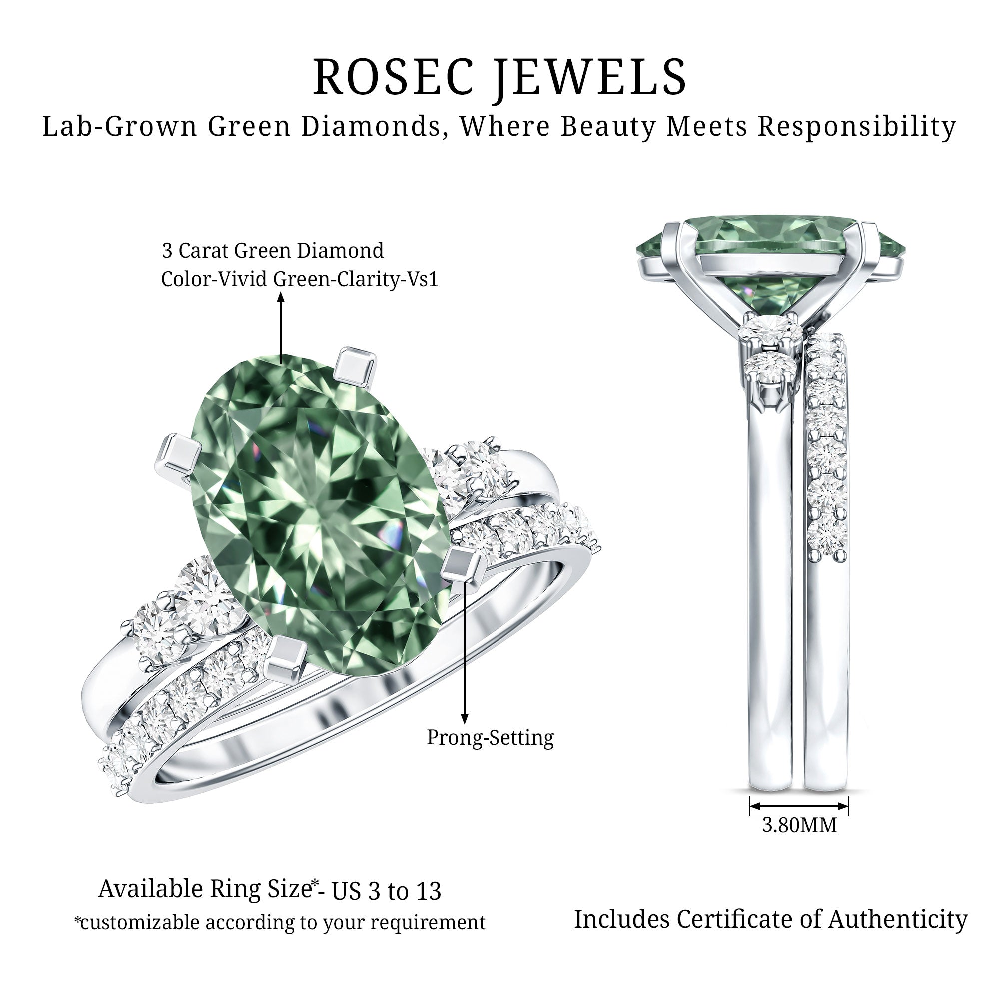 IGI Certified 3 Carat Oval Lab Grown Green Diamond Engagement Ring with Wedding Band Vivid Green - VS1 - Rosec Jewels