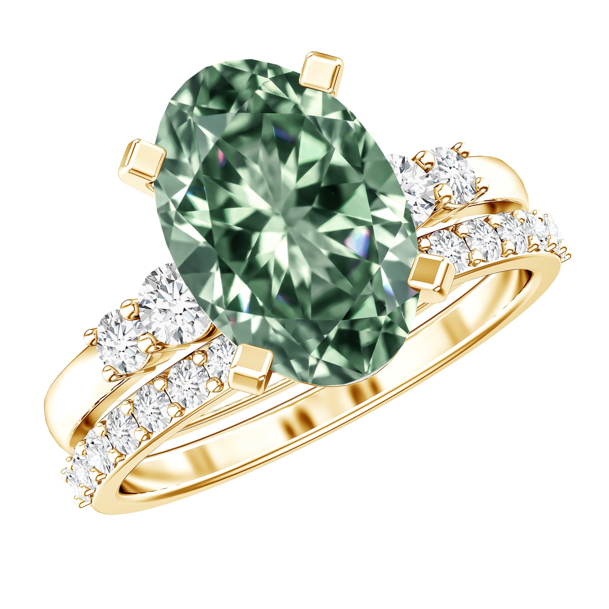 IGI Certified 3 Carat Oval Lab Grown Green Diamond Engagement Ring with Wedding Band Vivid Green - VS1 - Rosec Jewels