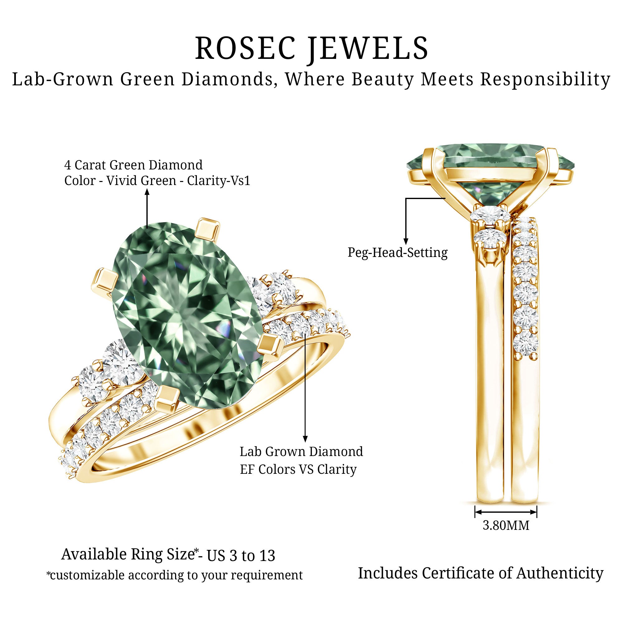 IGI Certified Oval Lab Grown Green Diamond Wedding Ring Set 4 Carat Vivid Green - VS1 - Rosec Jewels