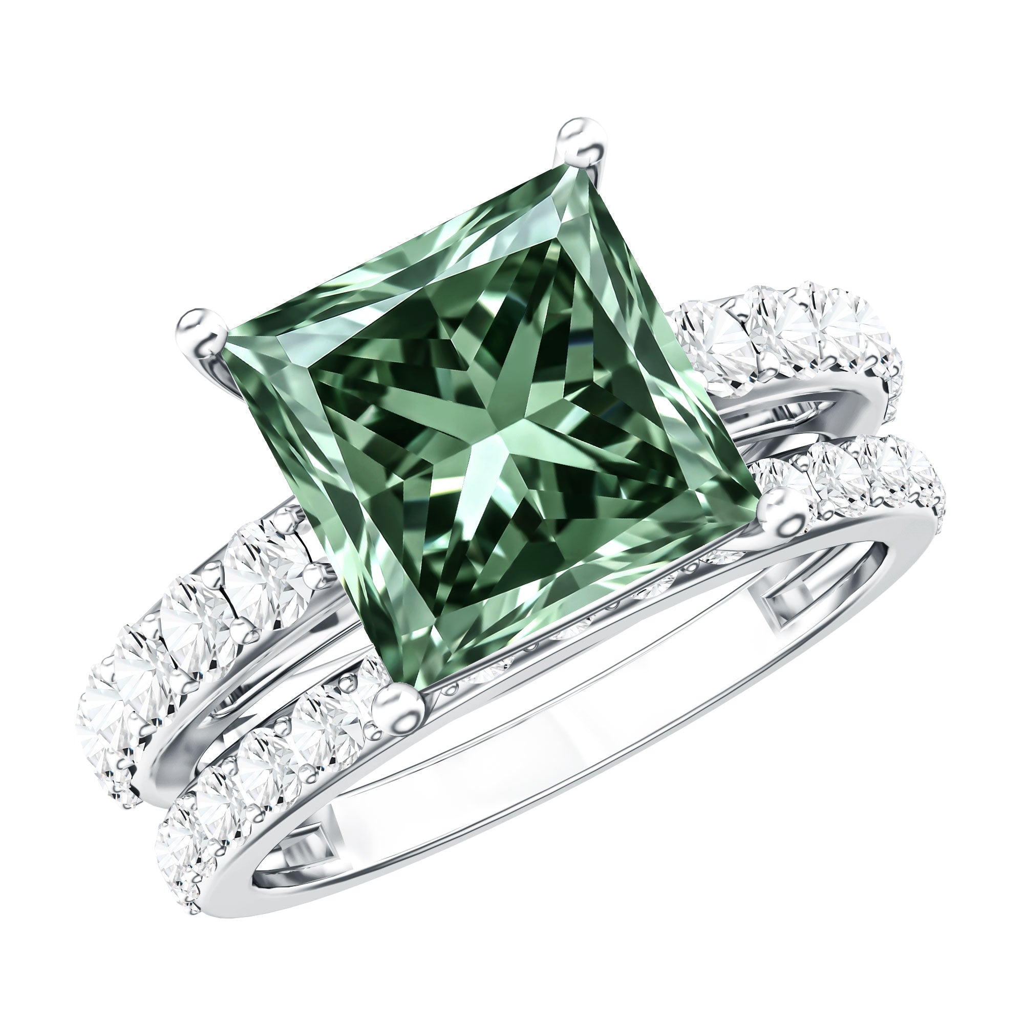 4 Carat Lab Grown Green Diamond Princess Cut Bridal Ring Set with IGI Certificate Vivid Green - VS1 - Rosec Jewels