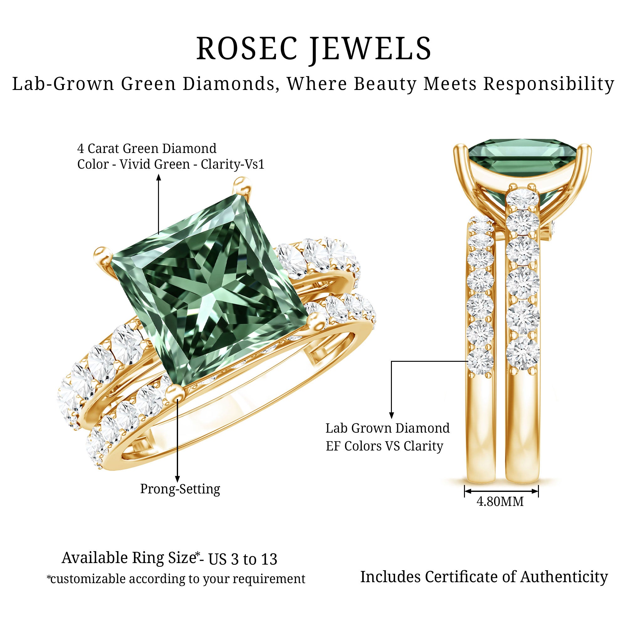 4 Carat Lab Grown Green Diamond Princess Cut Bridal Ring Set with IGI Certificate Vivid Green - VS1 - Rosec Jewels
