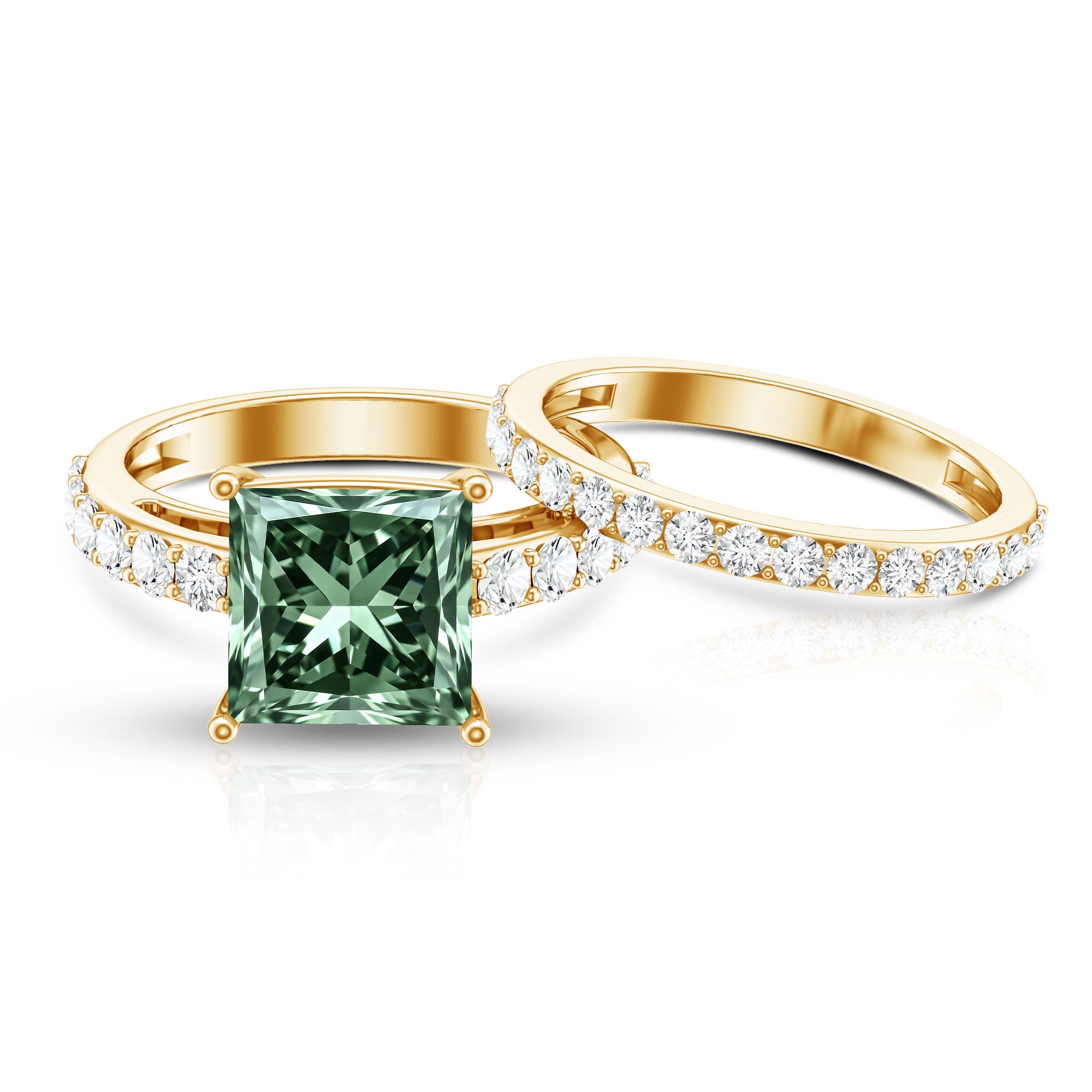 4 Carat Lab Grown Green Diamond Princess Cut Bridal Ring Set with IGI Certificate Vivid Green - VS1 - Rosec Jewels