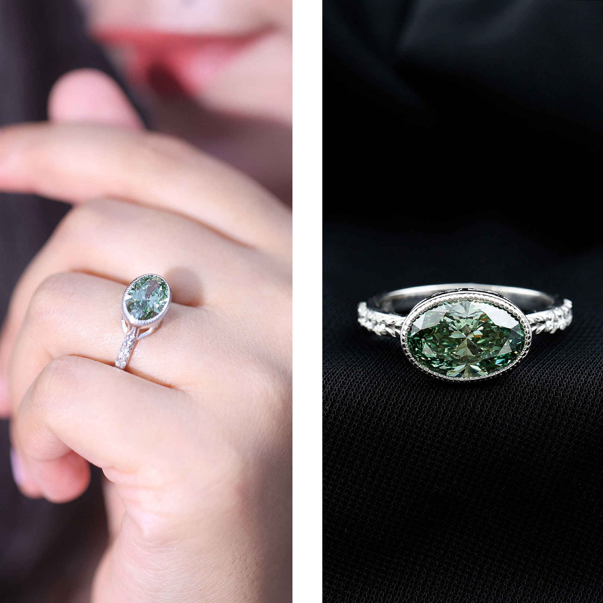3 Carat East West Set Lab Grown Green Diamond Oval Engagement Ring IGI Certified Vivid Green - VS1 - Rosec Jewels