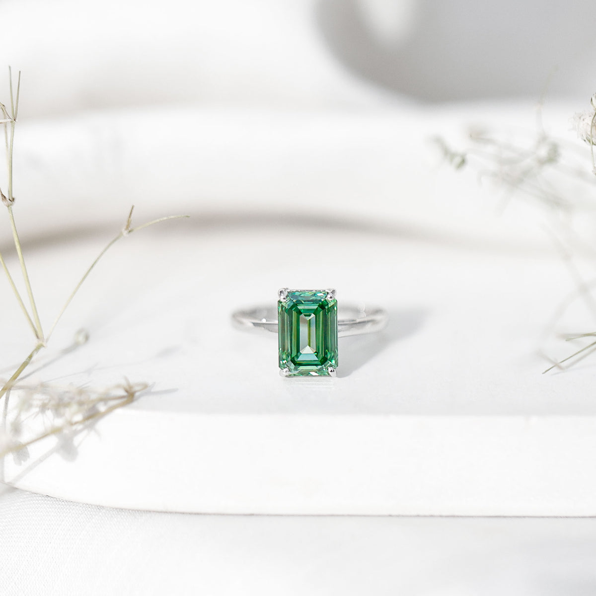 Solitaire Lab Grown Green Diamond 3 Carat Emerald Cut Engagement Ring IGI Certified Vivid Green - VS1 - Rosec Jewels