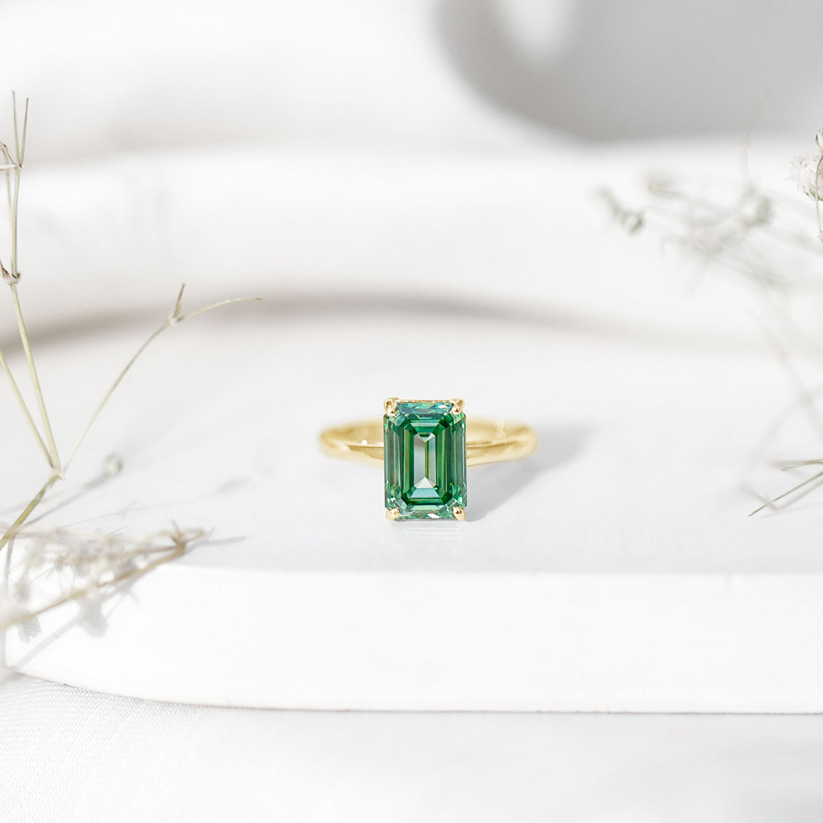 Solitaire Lab Grown Green Diamond 3 Carat Emerald Cut Engagement Ring IGI Certified Vivid Green - VS1 - Rosec Jewels