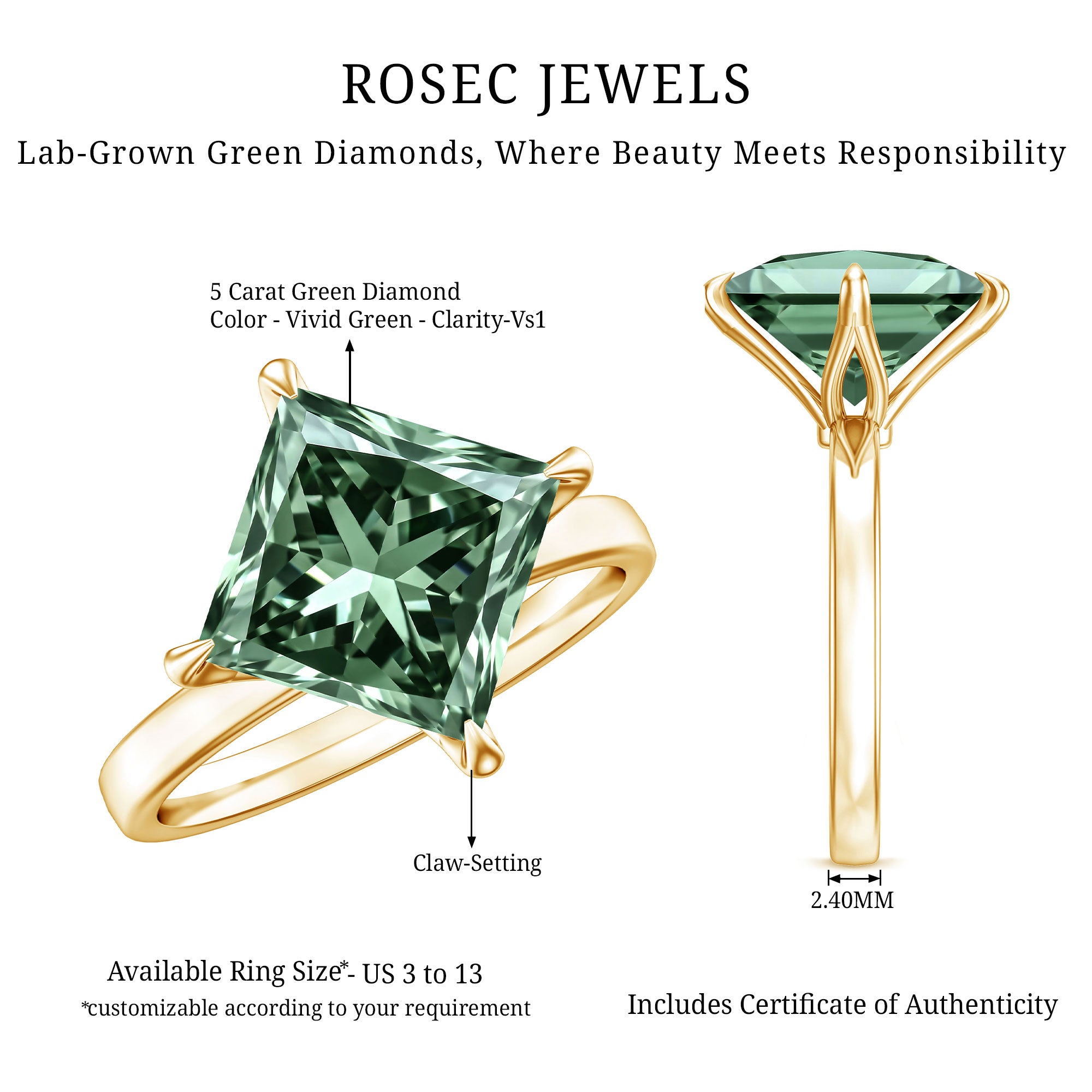 Rosec Jewels-Solitaire 5 Carat Lab Grown Green Diamond Princess Cut Engagement Ring IGI Certified