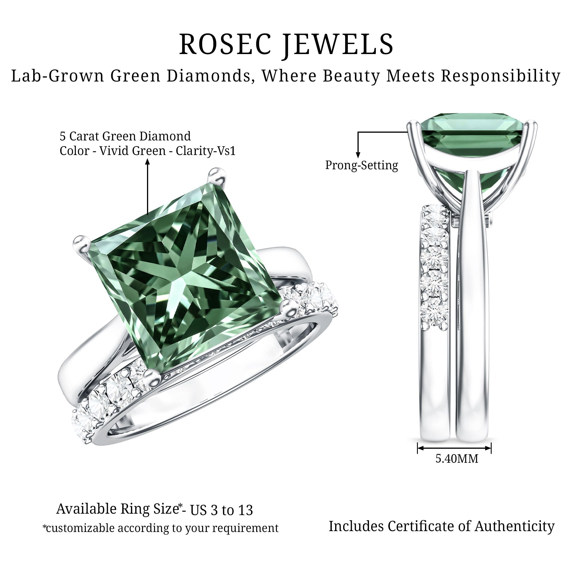 Rosec Jewels-IGI Certified 5 Carat Princess Cut Lab Grown Green Diamond Engagement Ring with Enhancer