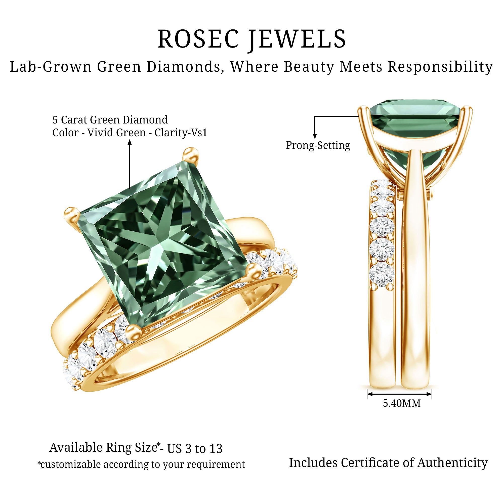 Rosec Jewels-IGI Certified 5 Carat Princess Cut Lab Grown Green Diamond Engagement Ring with Enhancer