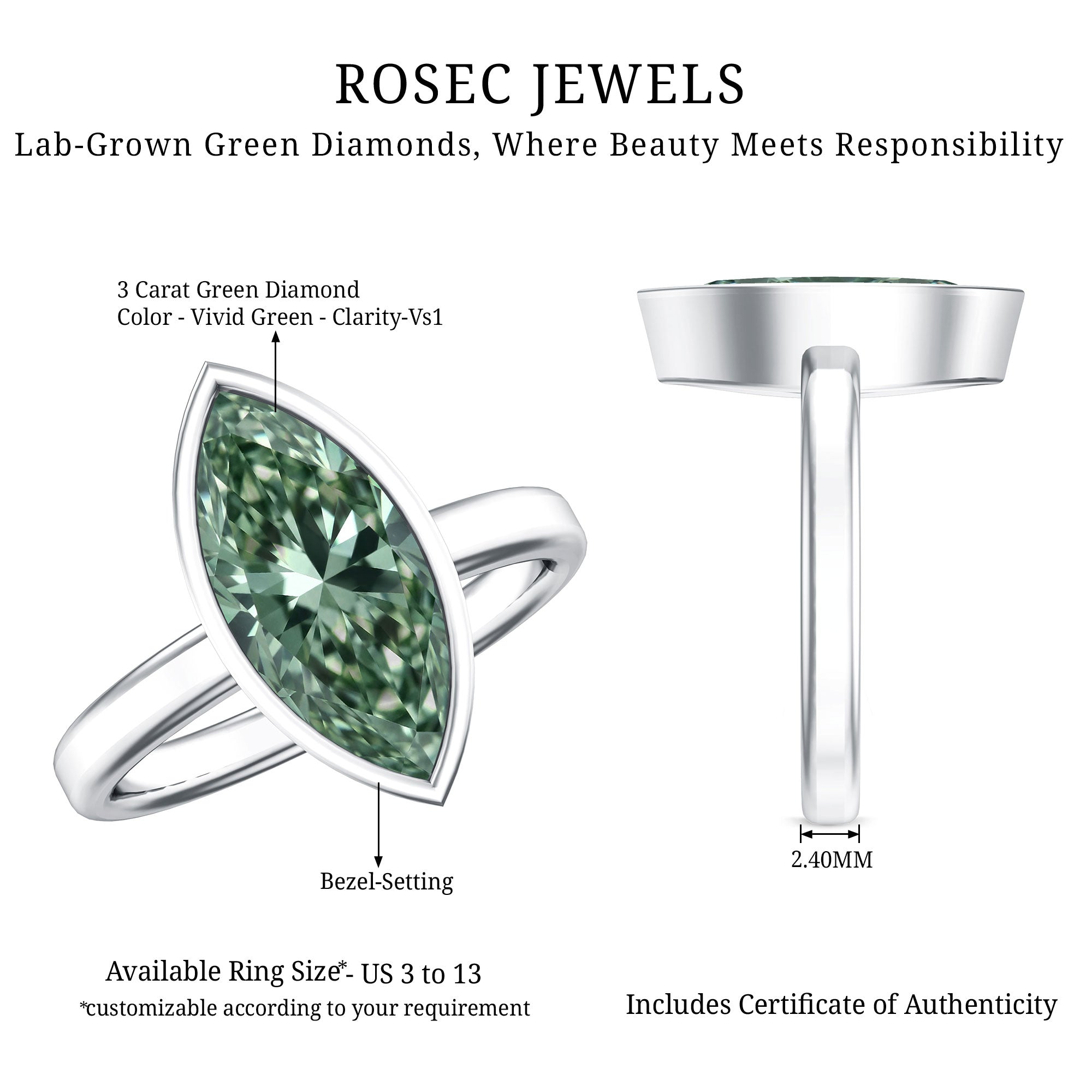 Rosec Jewels-Bezel Set Lab Created Green Diamond Marquise Solitaire Engagement Ring 3 Carat IGI Certified