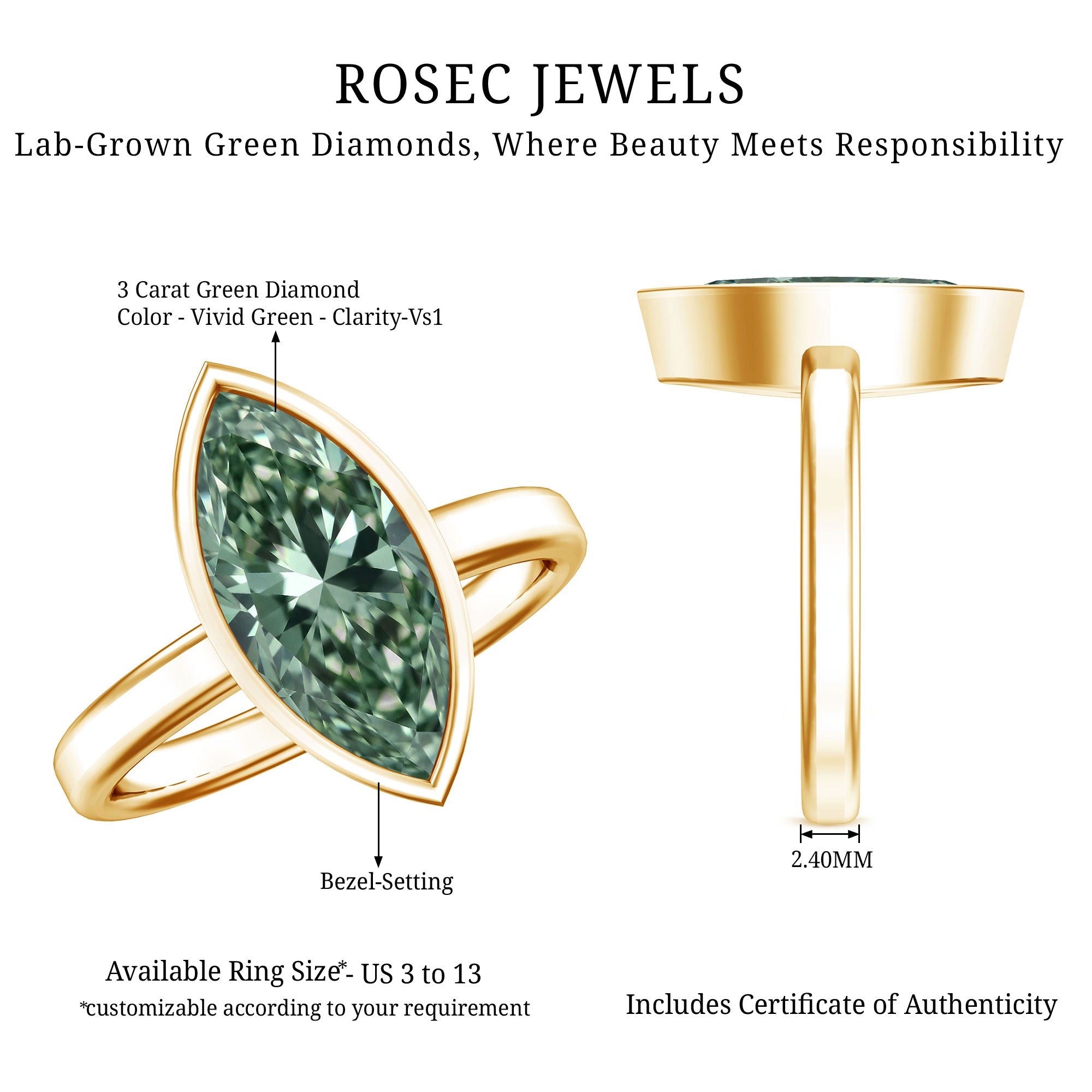 Rosec Jewels-Bezel Set Lab Created Green Diamond Marquise Solitaire Engagement Ring 3 Carat IGI Certified