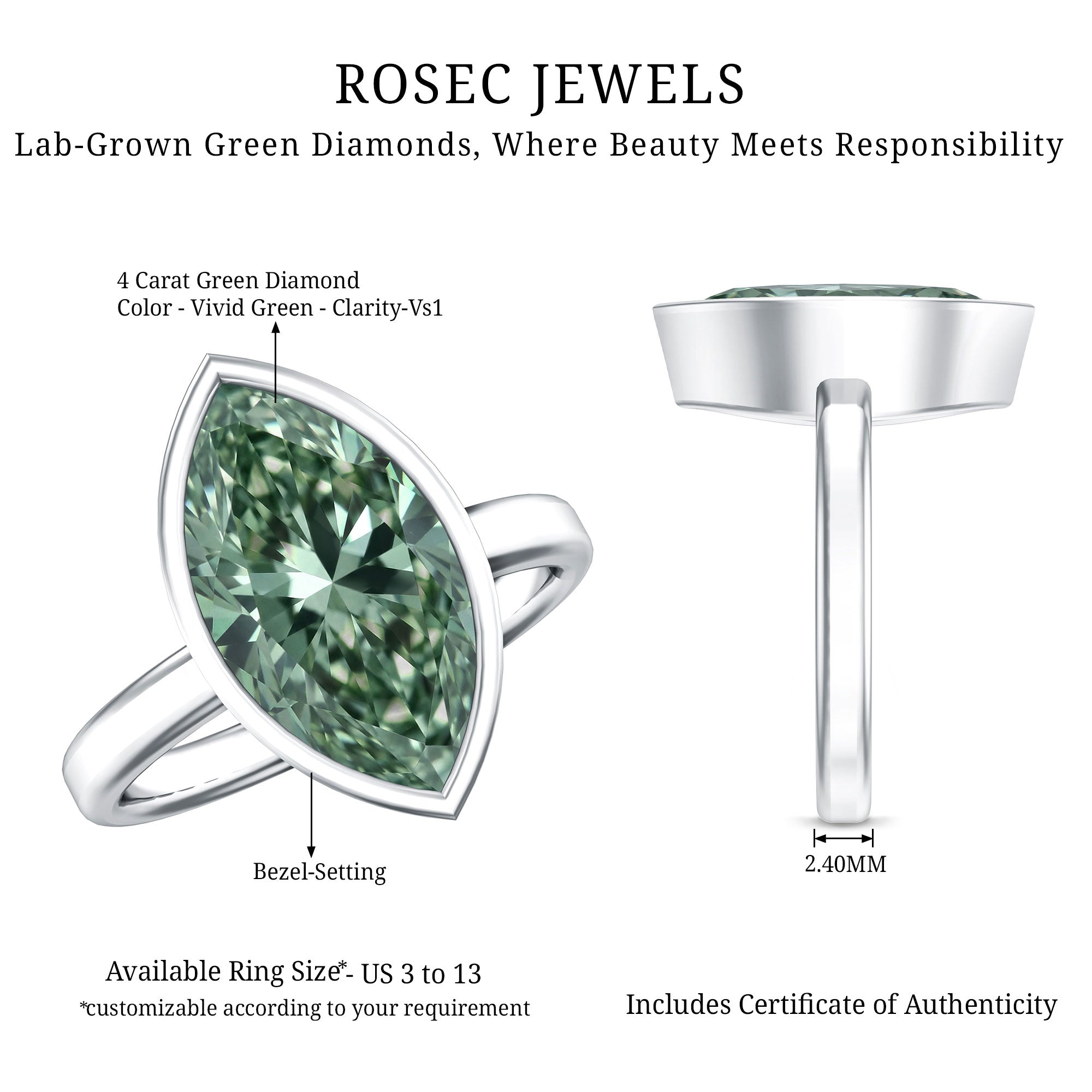 Rosec Jewels-IGI Certified 4 Carat Lab Grown Green Diamond Marquise Cut Engagement Ring in Bezel Setting