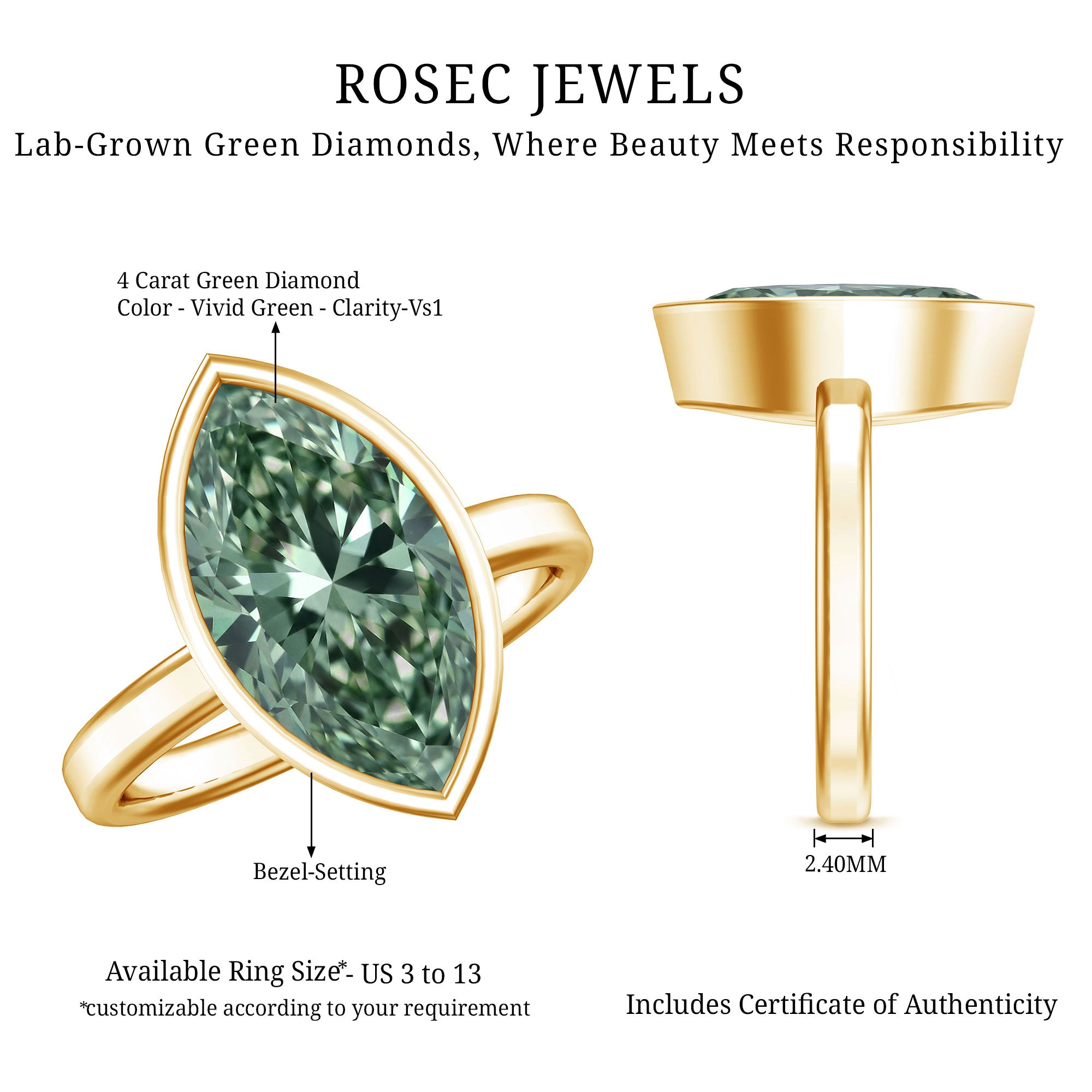 Rosec Jewels-IGI Certified 4 Carat Lab Grown Green Diamond Marquise Cut Engagement Ring in Bezel Setting