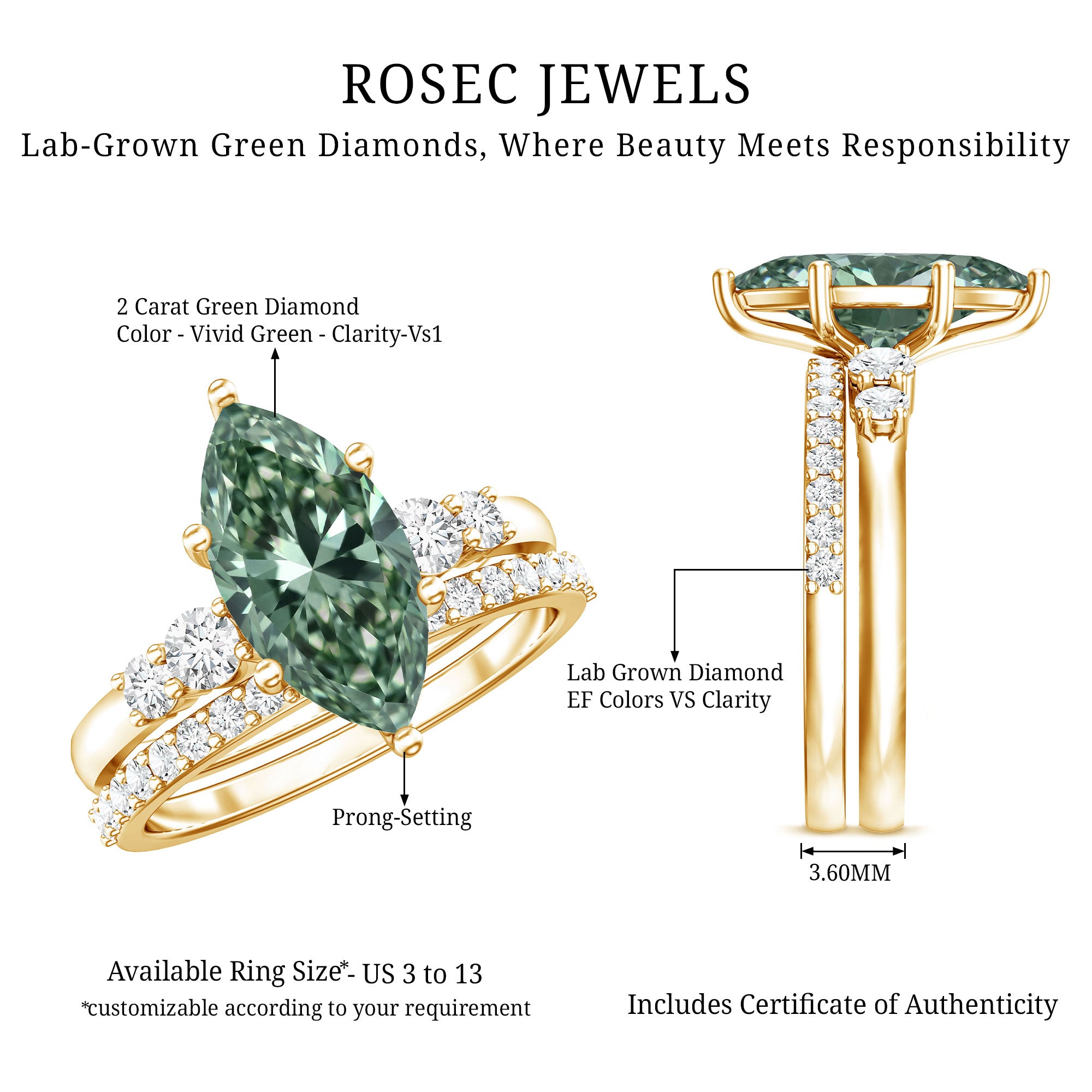 Rosec Jewels-IGI Certified 2 Carat Marquise Cut Lab Grown Green and White Diamond Bridal Ring Set