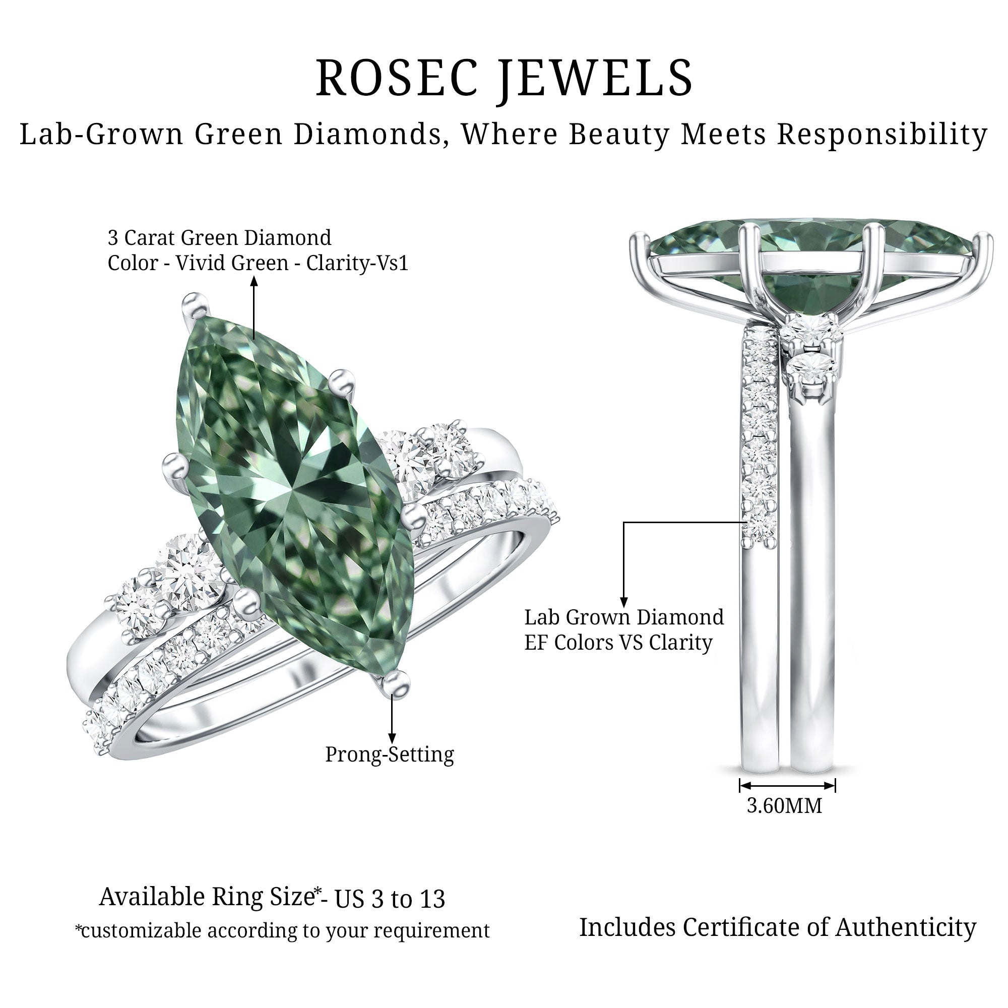 Rosec Jewels-3 Carat Lab Grown Green Diamond Marquise Wedding Ring Set with IGI Certificate