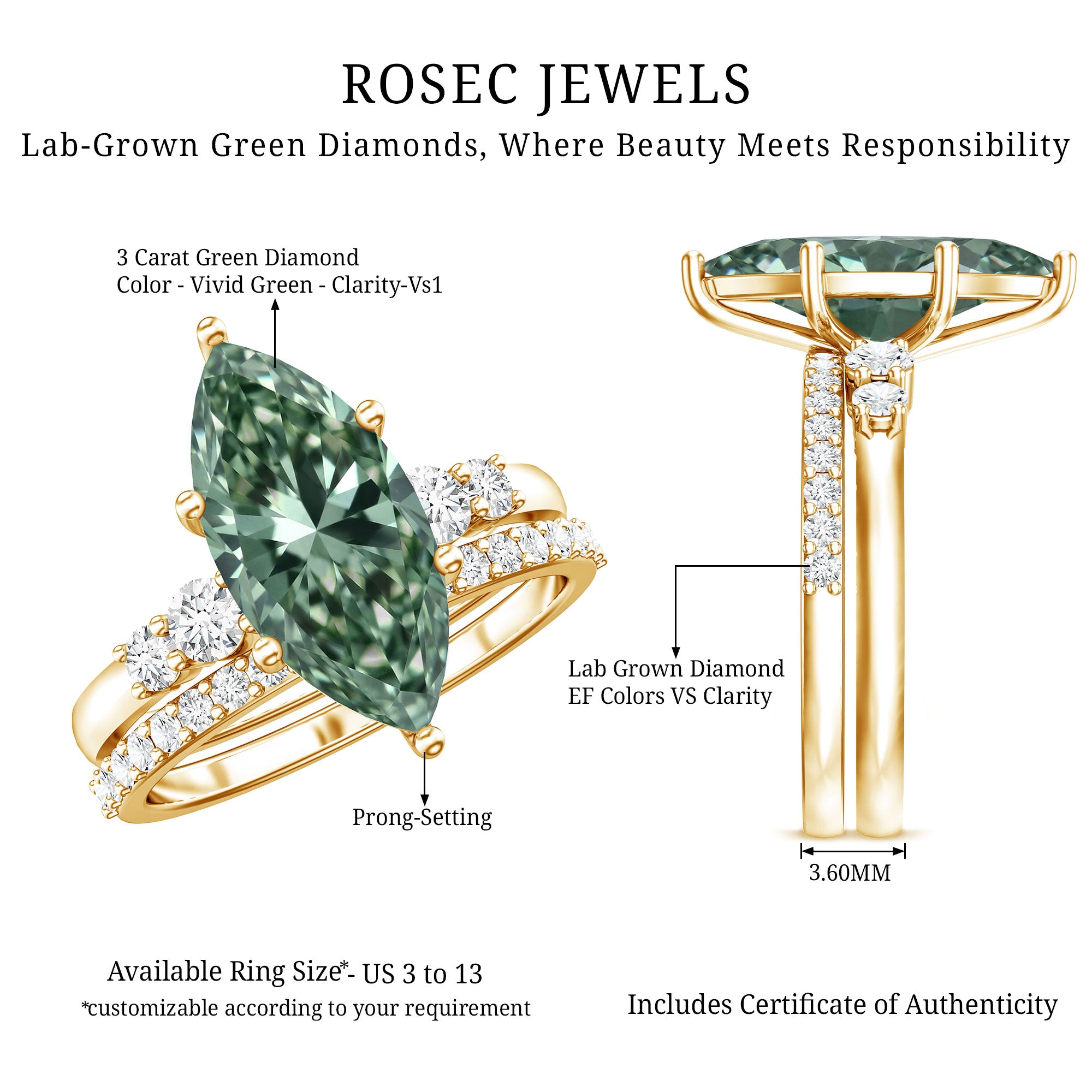 Rosec Jewels-3 Carat Lab Grown Green Diamond Marquise Wedding Ring Set with IGI Certificate