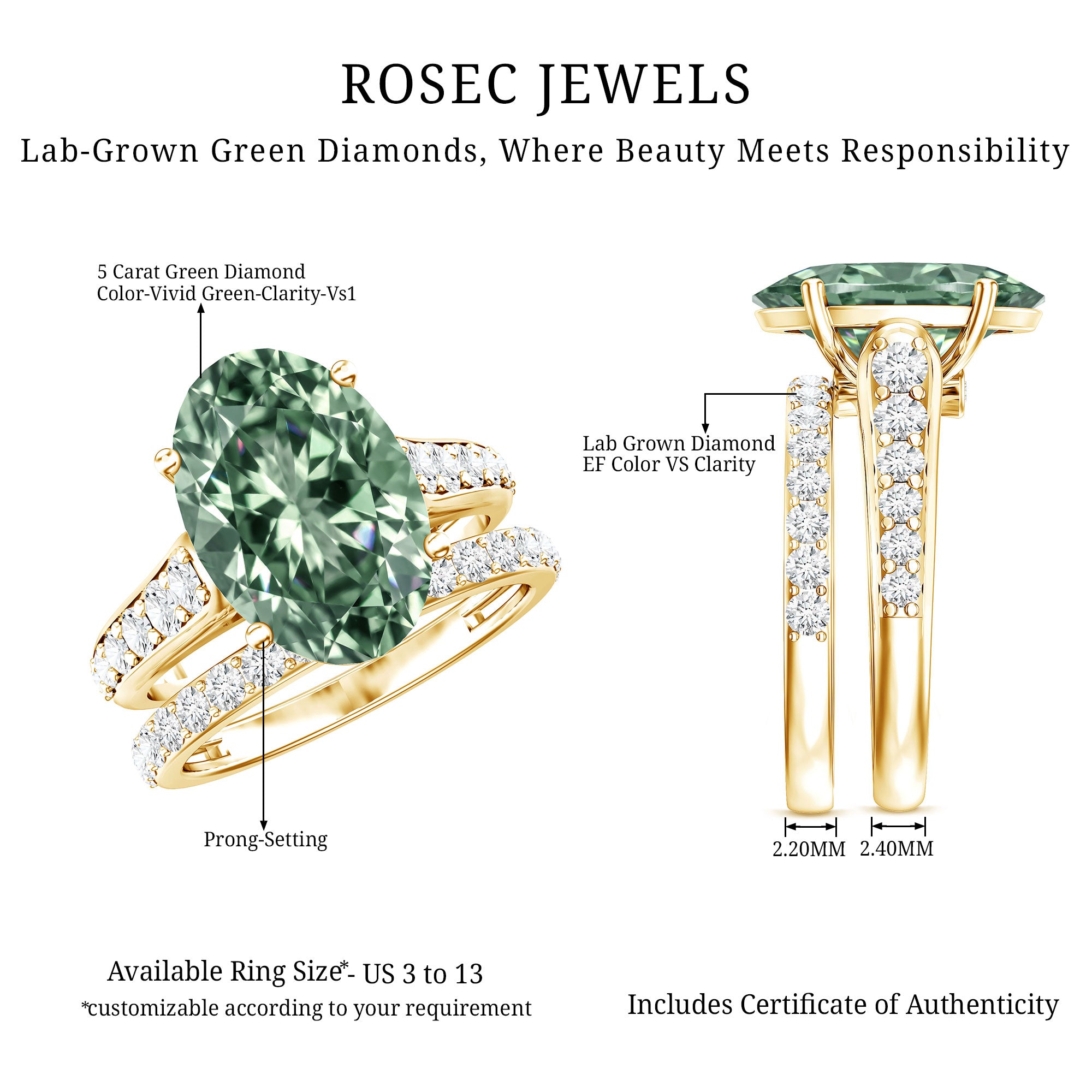 IGI Certified 5 Carat Lab Grown Diamond Oval Engagement Ring with Wedding Band Vivid Green - VS1 - Rosec Jewels