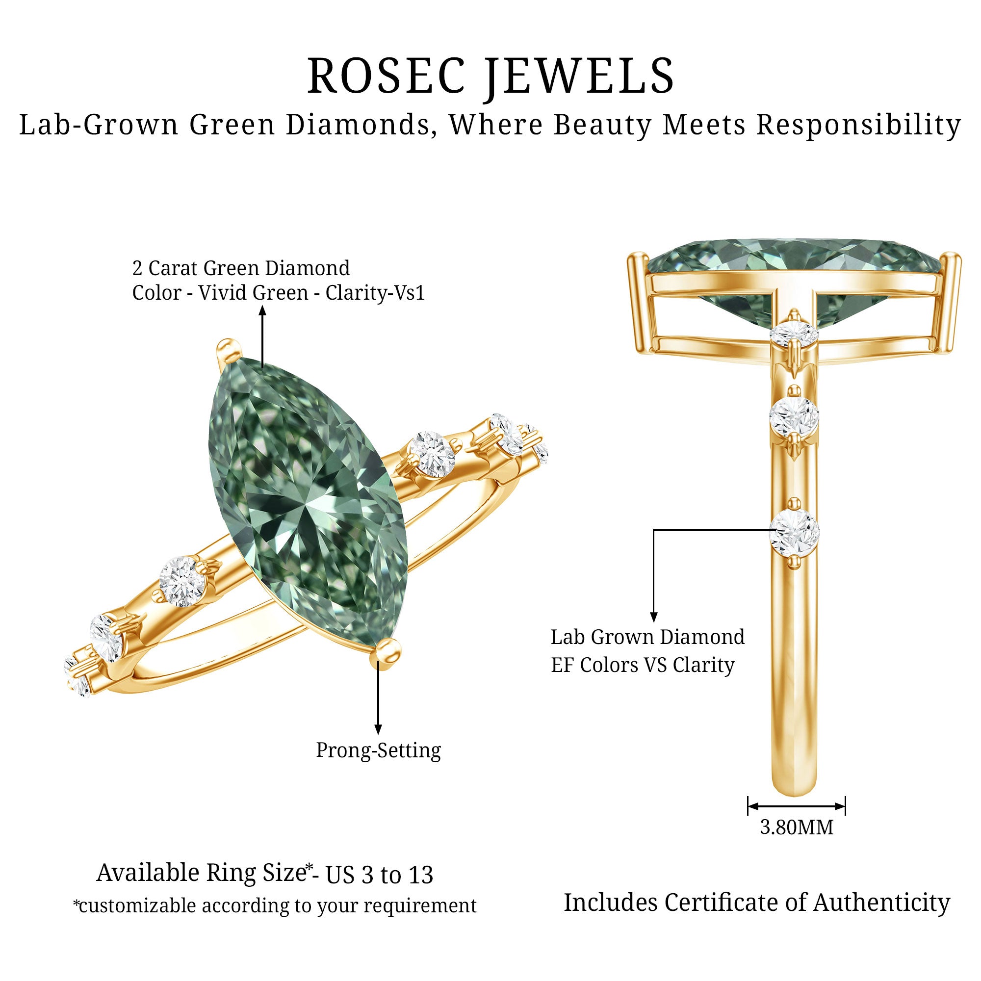 Rosec Jewels-Marquise Cut 2 Carat Lab Grown Green Diamond Solitaire Engagement Ring IGI Certified