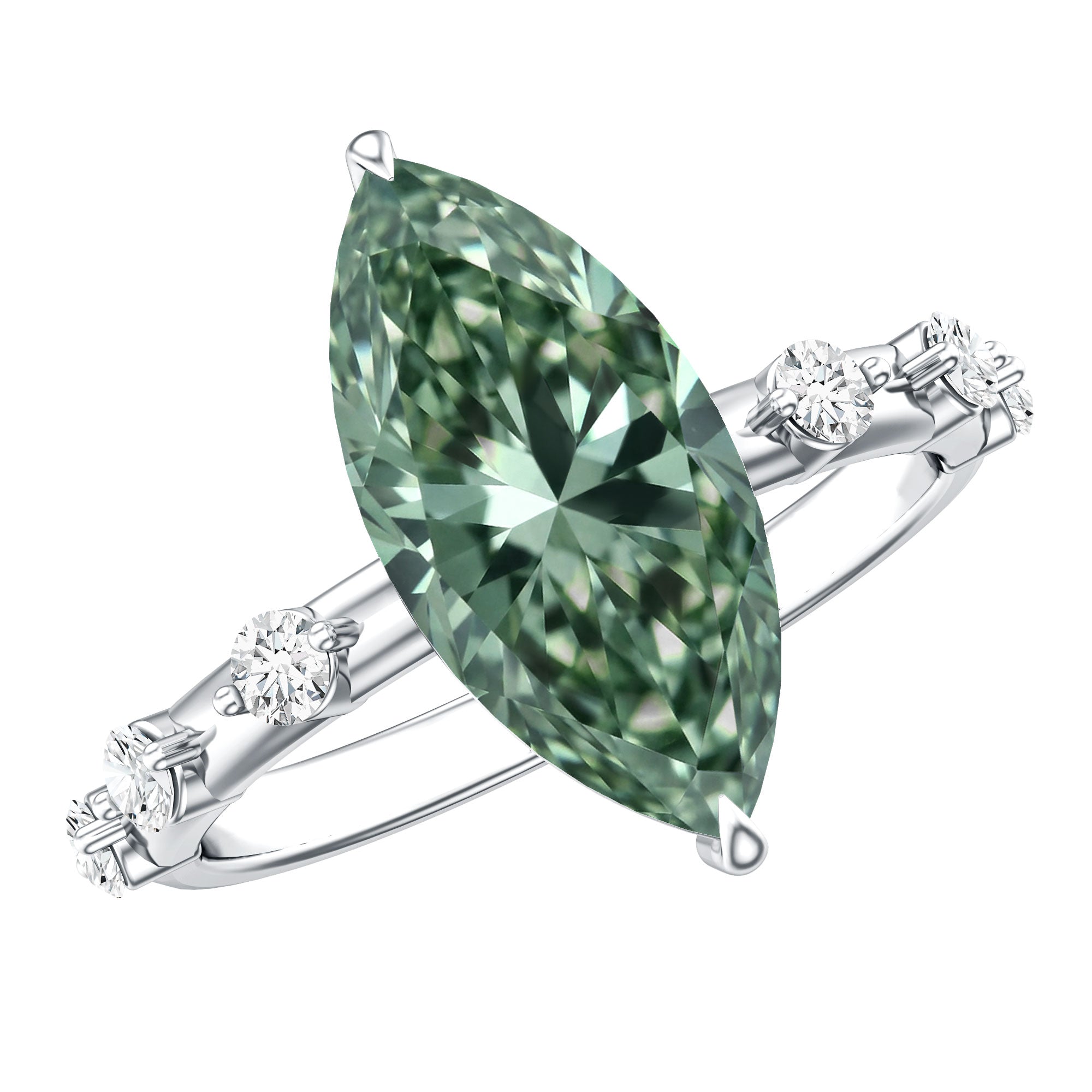 Rosec Jewels-IGI Certified 3 Carat Marquise Lab Grown Green Diamond Engagement Ring with Spaced Accent