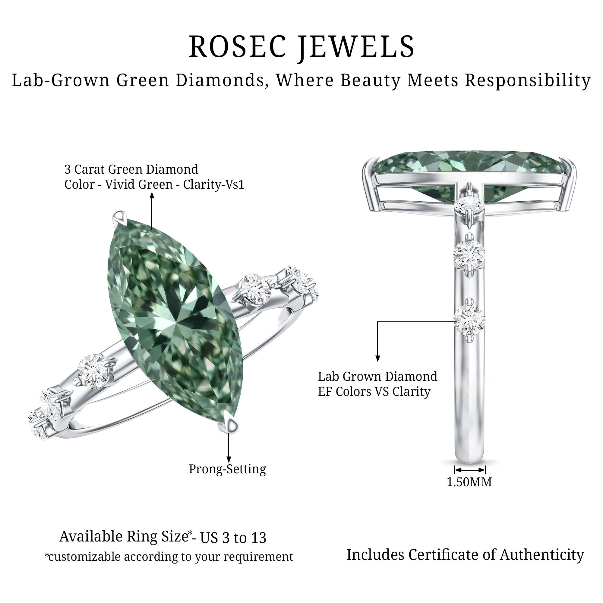 Rosec Jewels-IGI Certified 3 Carat Marquise Lab Grown Green Diamond Engagement Ring with Spaced Accent