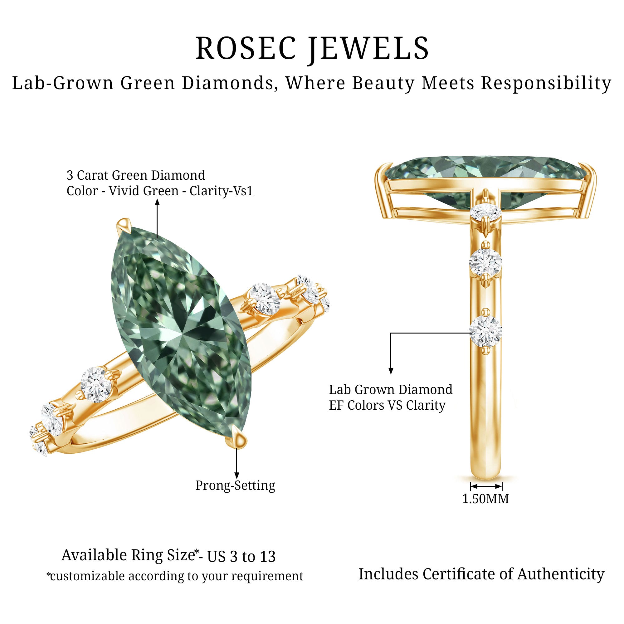 Rosec Jewels-IGI Certified 3 Carat Marquise Lab Grown Green Diamond Engagement Ring with Spaced Accent