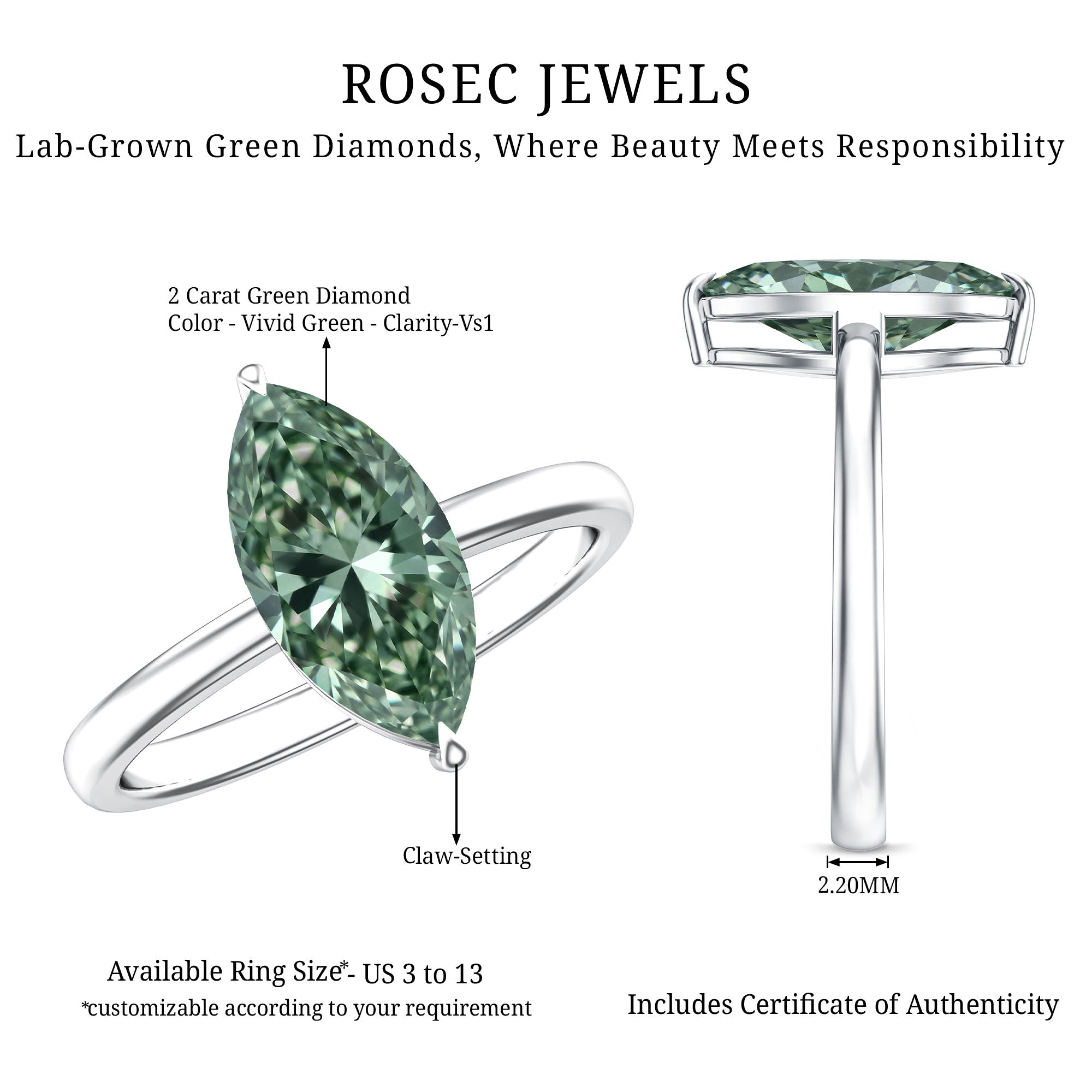 Rosec Jewels-IGI Certified 2 Carat Lab Green Diamond Marquise Engagement Ring for Women