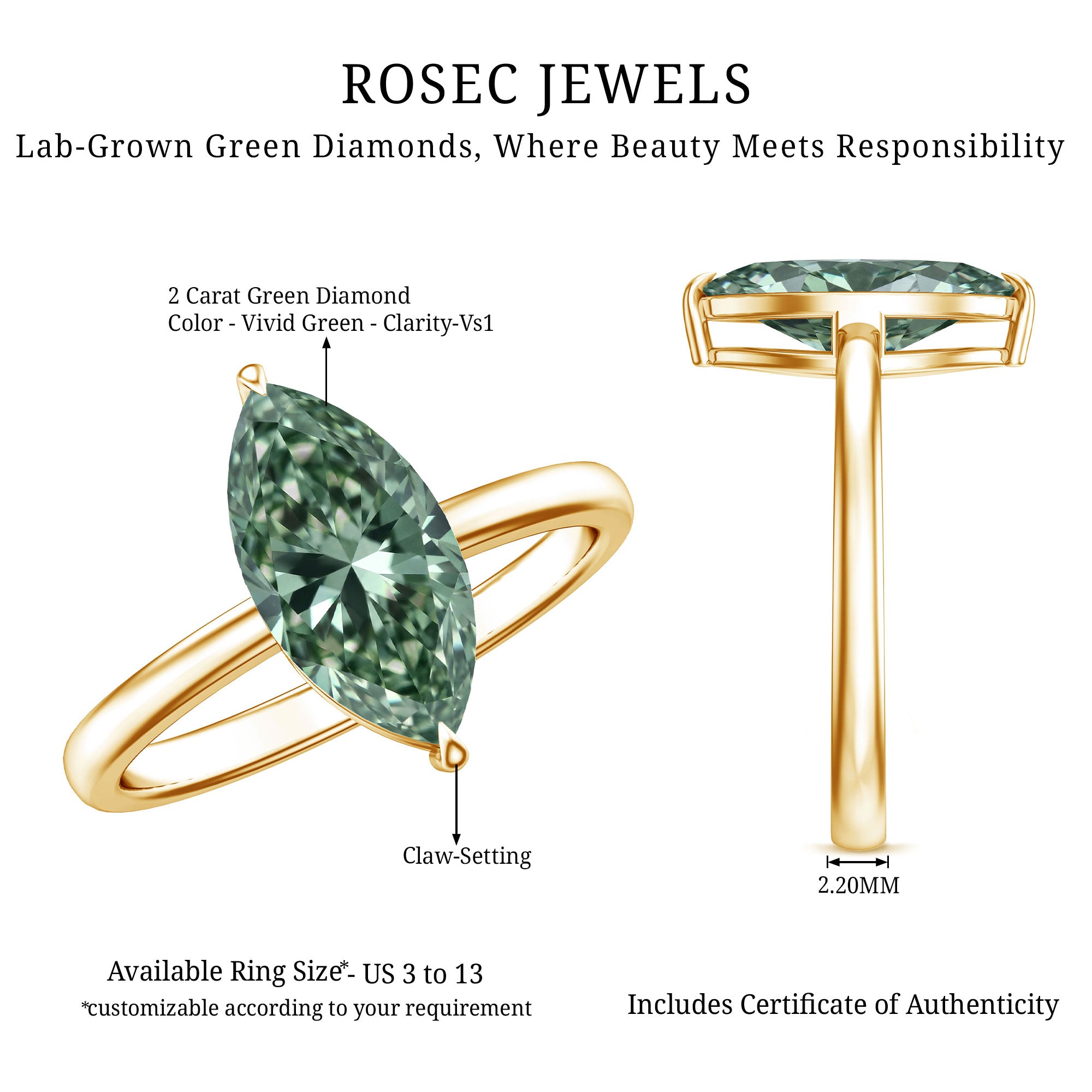 Rosec Jewels-IGI Certified 2 Carat Lab Green Diamond Marquise Engagement Ring for Women