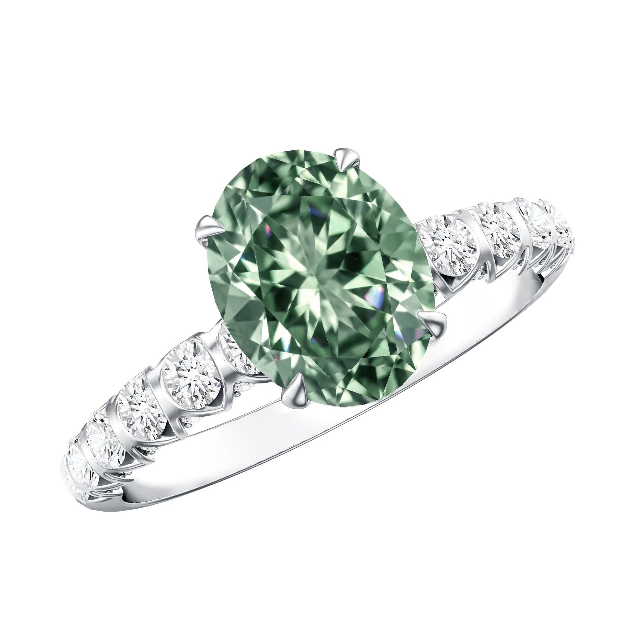 Rosec Jewels-IGI Certified 2 Carat Lab Green Diamond Oval Engagement Ring with Side Stones
