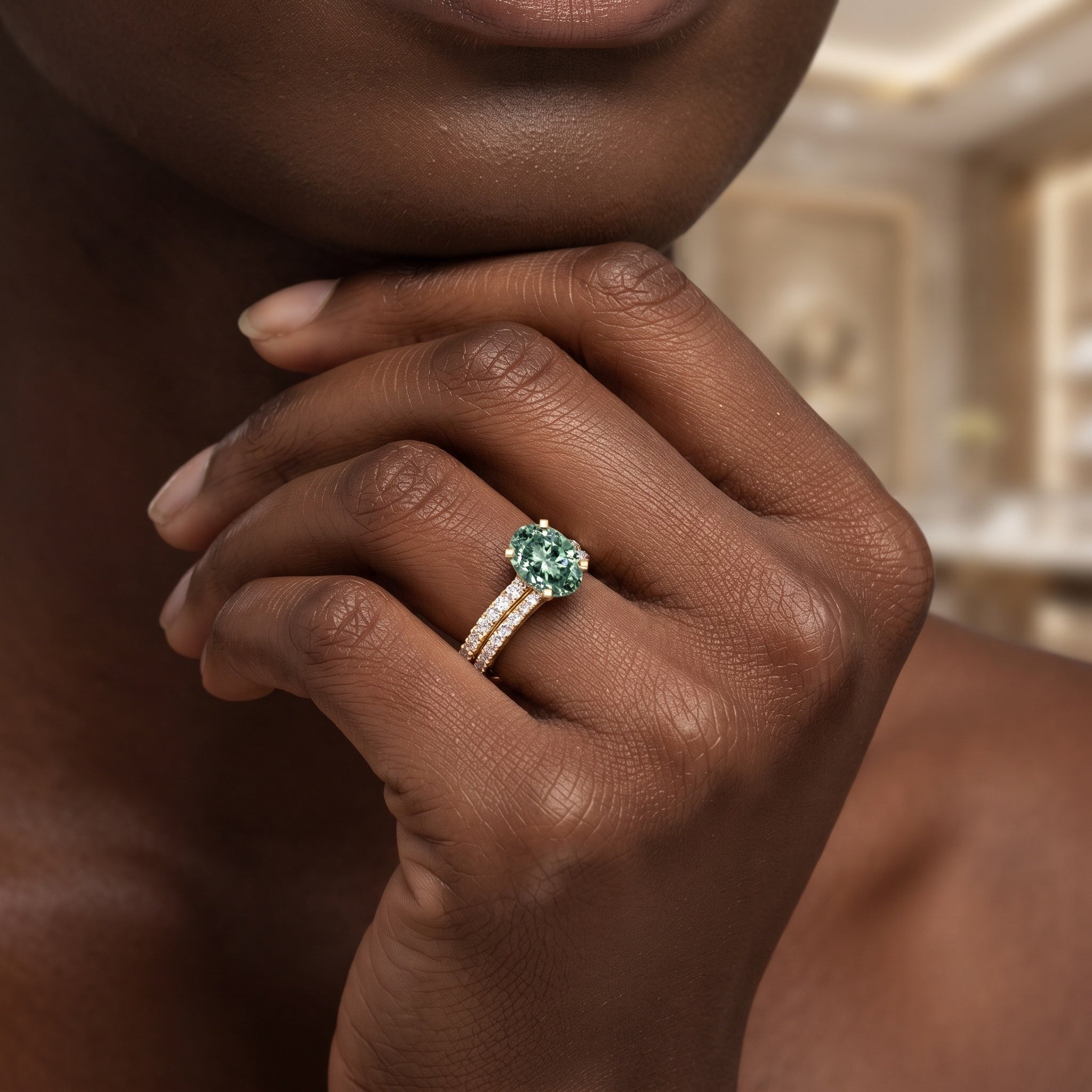 IGI Certified 1 Carat Lab Created Green Diamond Oval Engagement Ring Set Vivid Green - VS1 - Rosec Jewels