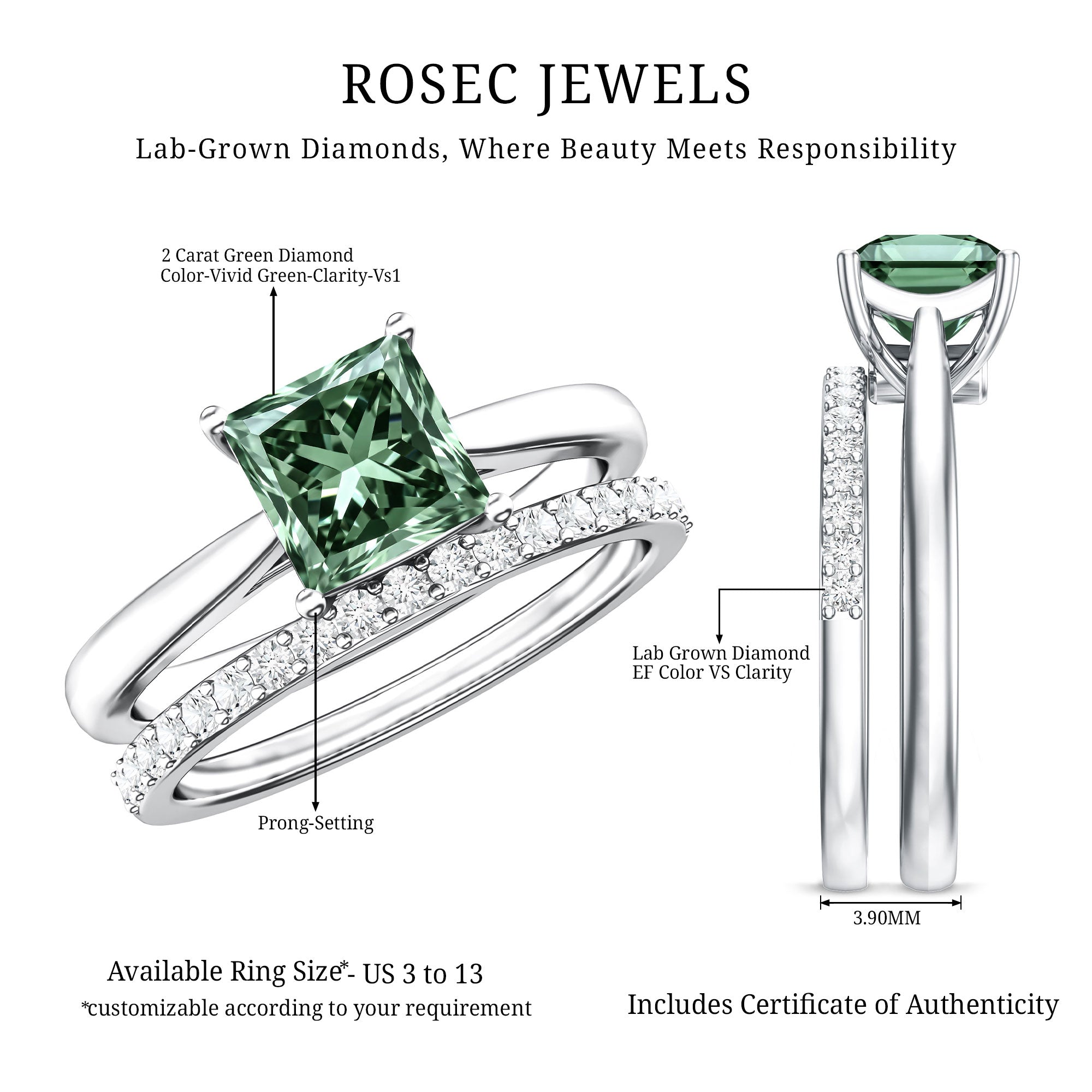 Rosec Jewels-2 Carat Princess Cut Lab Grown Green and White Diamond Wedding Ring Set for Women
