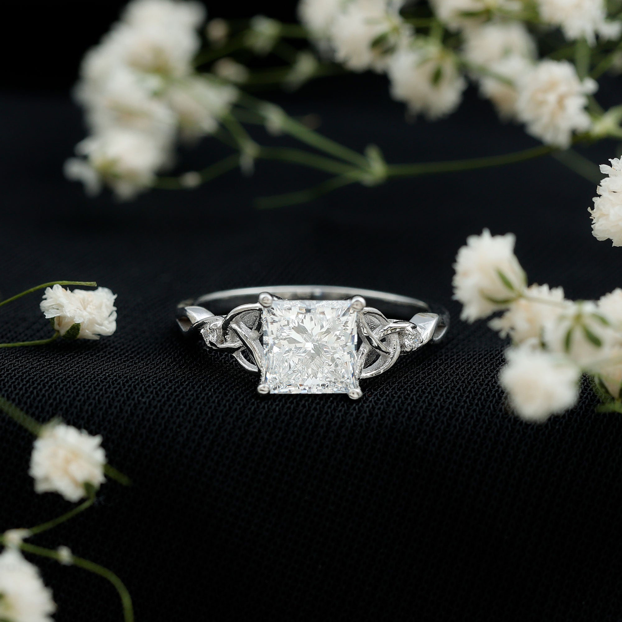 IGI Certified Lab Grown Diamond 3 Carat Princess Cut Engagement Ring with Celtic Knot Lab - ( E-VS1 ) - Rosec Jewels