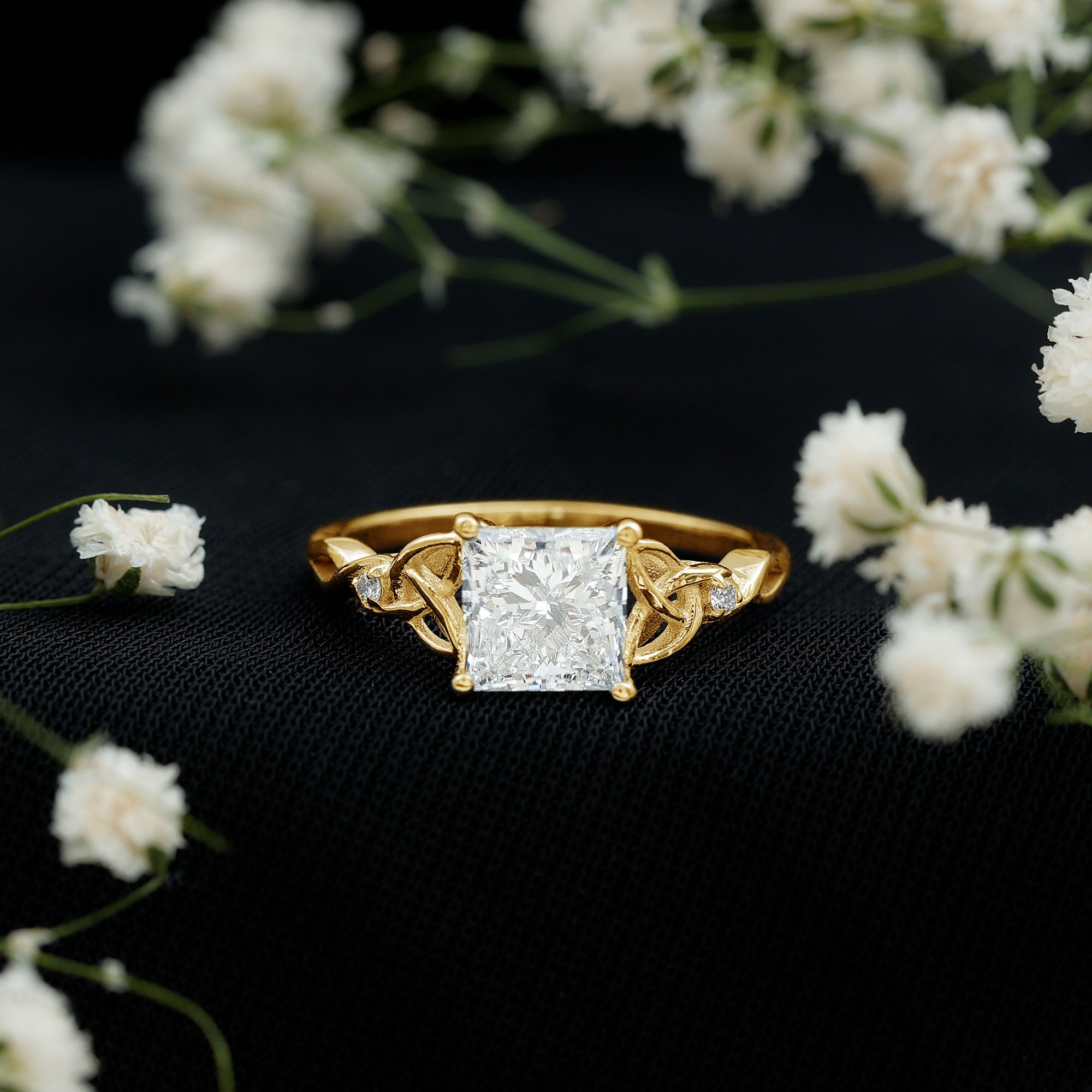 IGI Certified Lab Grown Diamond 3 Carat Princess Cut Engagement Ring with Celtic Knot Lab - ( E-VS1 ) - Rosec Jewels