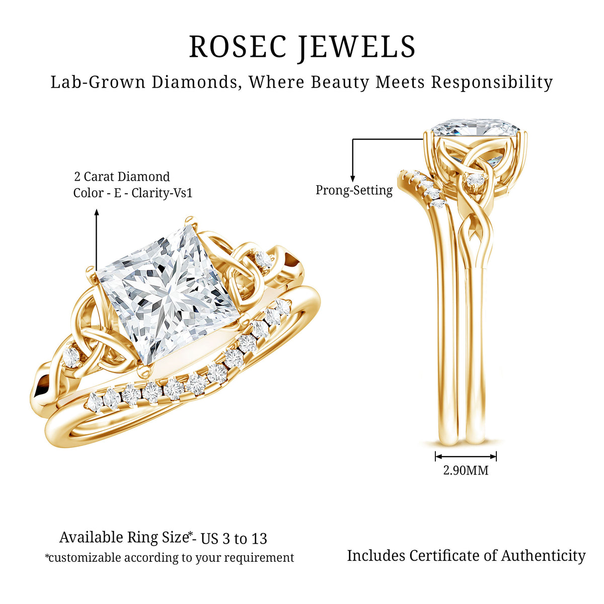 Rosec Jewels-IGI Graded 2 Carat Princess Cut Lab Diamond Celtic Engagement Ring with Ring Guard