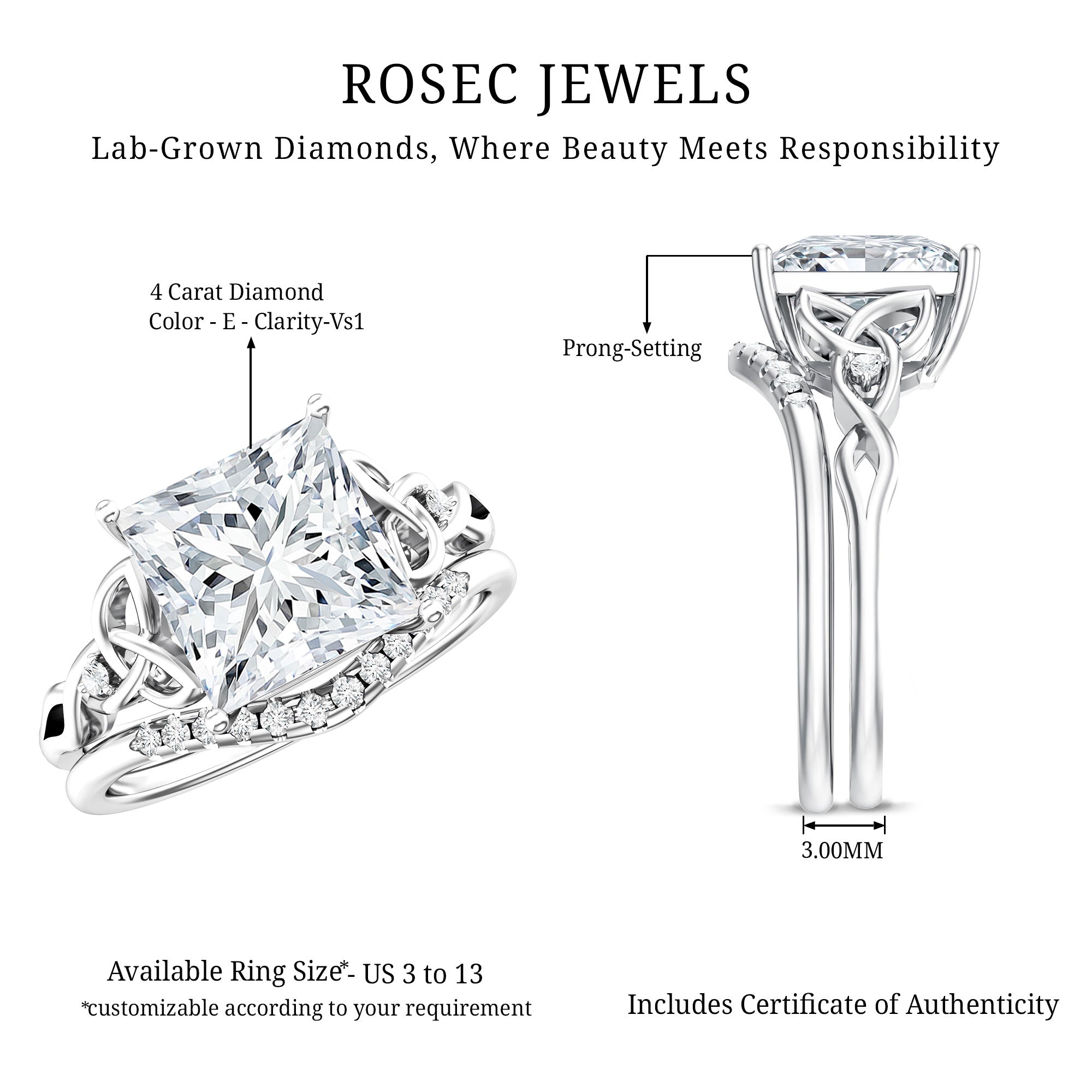 IGI Certified Princess Cut 4 Carat Lab Grown Diamond Celtic Engagement Ring with Enhancer Lab - ( E-VS1 ) - Rosec Jewels