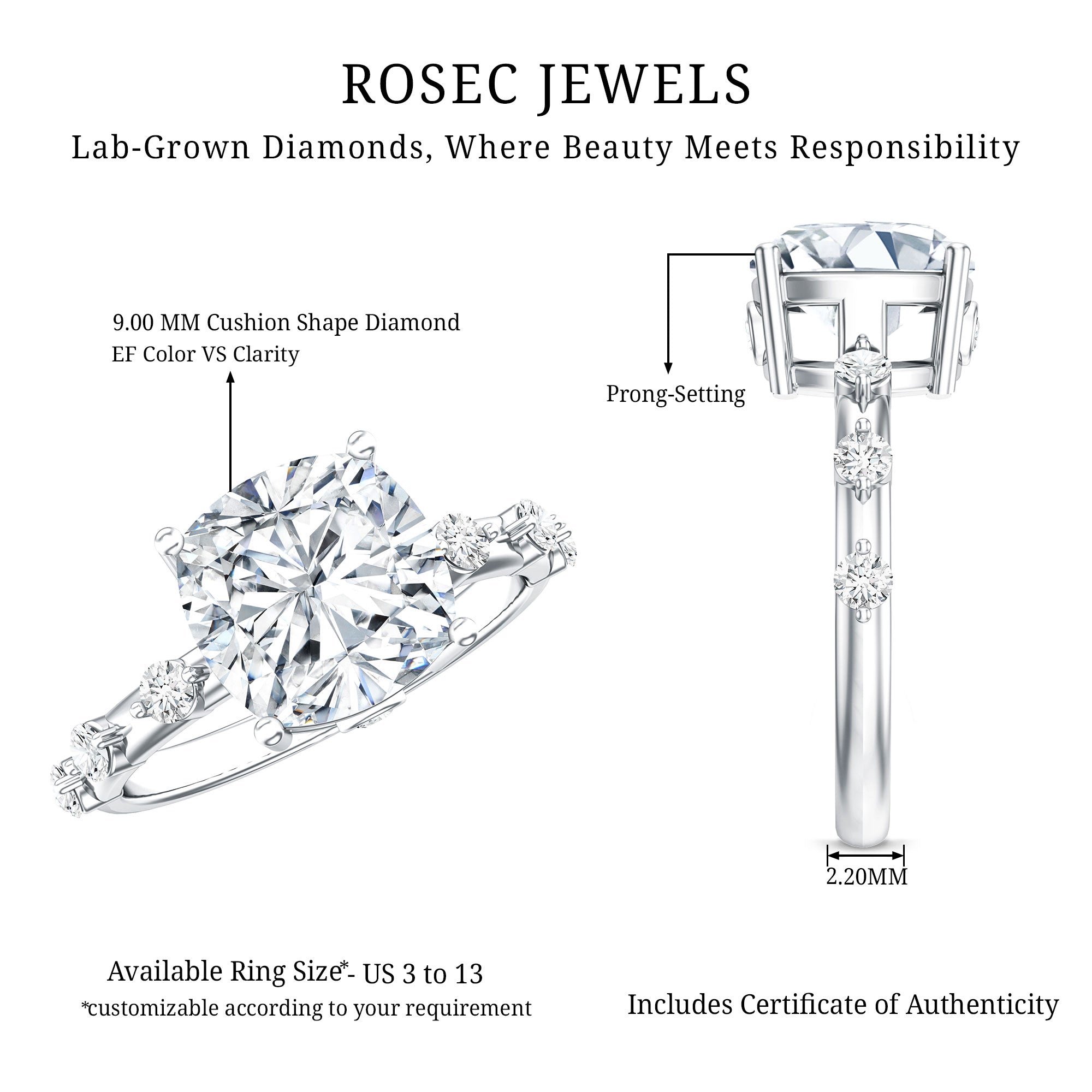 Rosec Jewels-Lab Grown 4 Carat Diamond Cushion Cut Engagement Ring with IGI Certificate